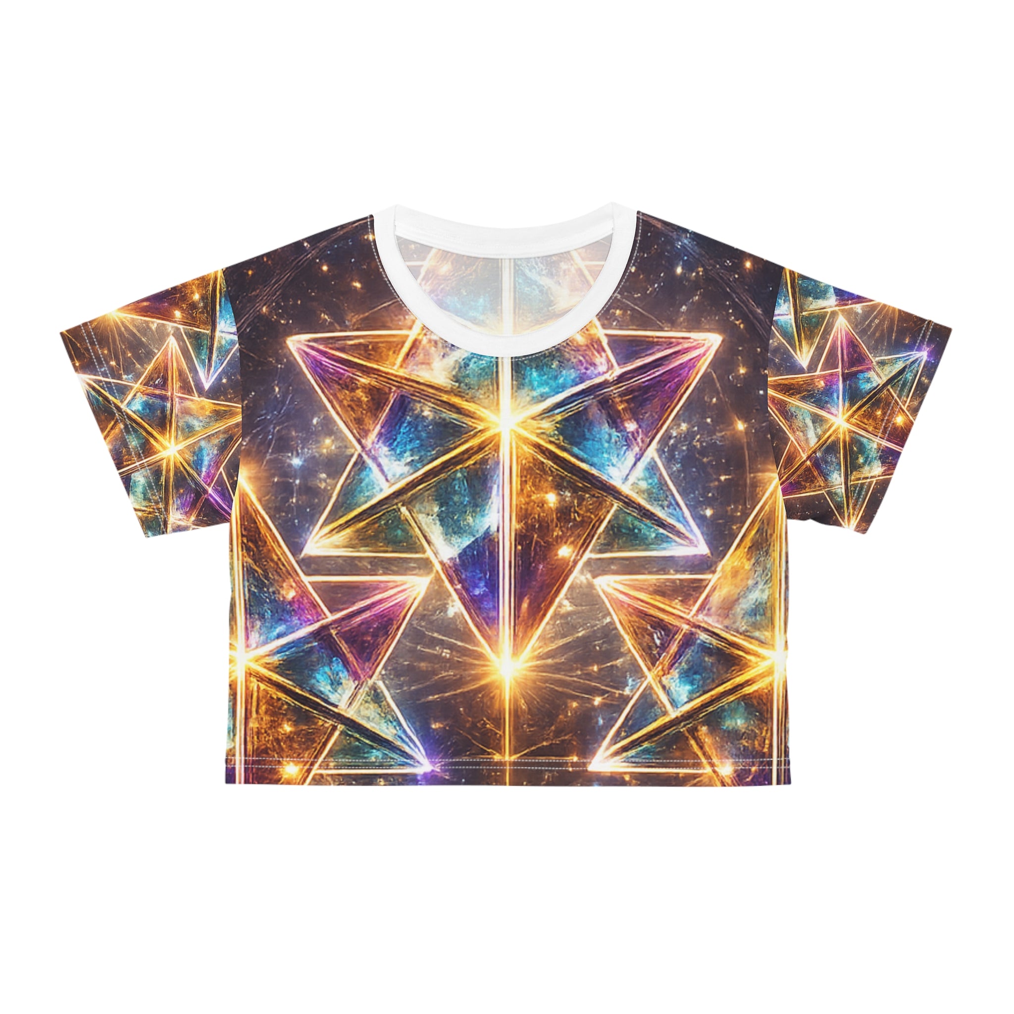 Galactic Prism Crop Tee — Neon Star Geometry AOP