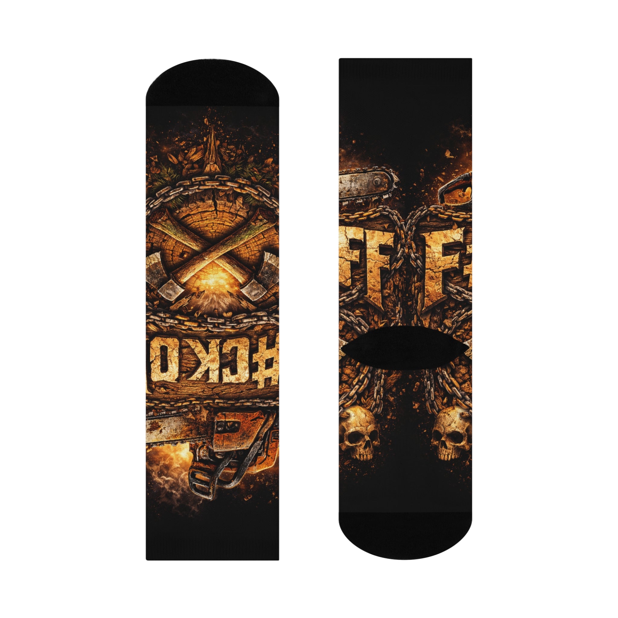 Cushioned Crew Socks — Fiery Skull & Chains Rock 'Kick Off' Graphic