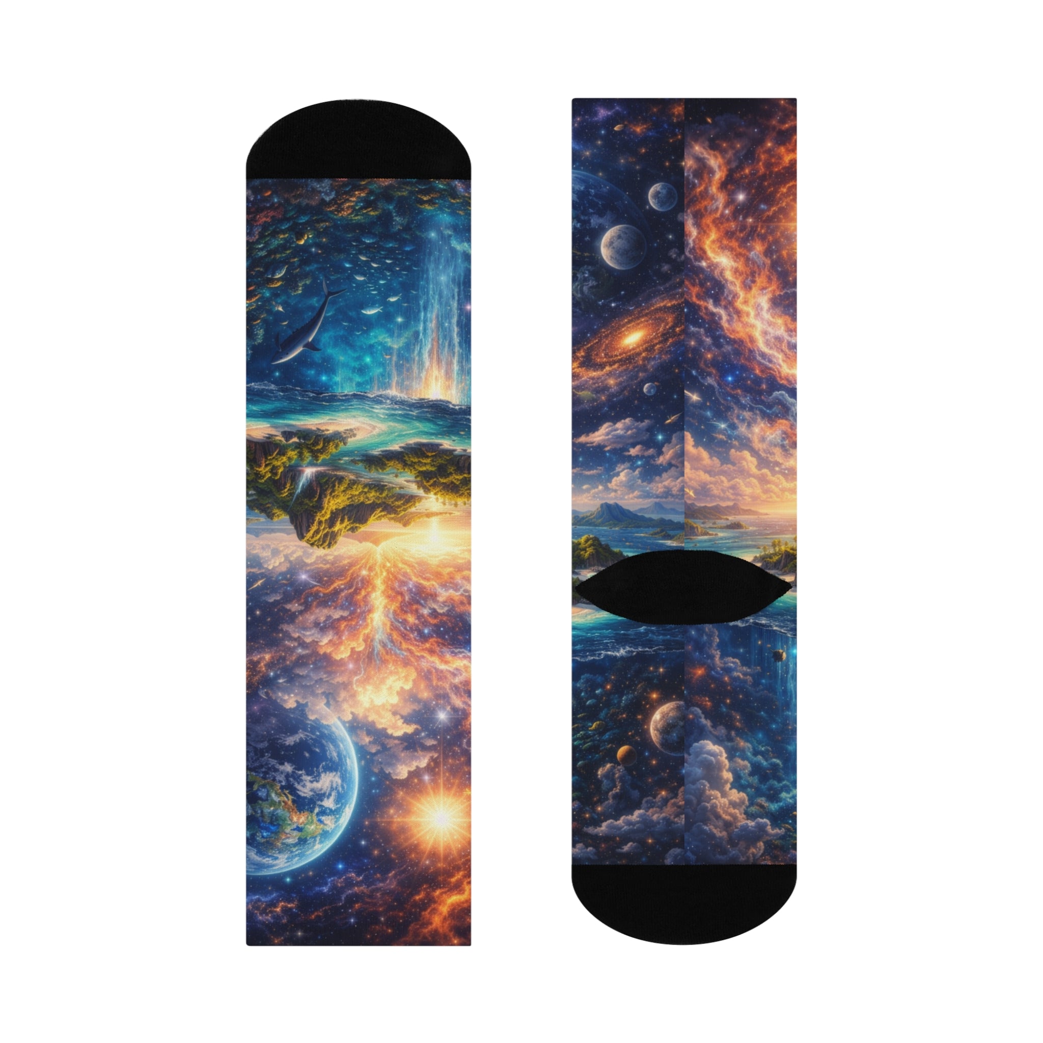 Cosmic Landscape Crew Socks — Planet, Moon & Galaxy Cushioned Socks