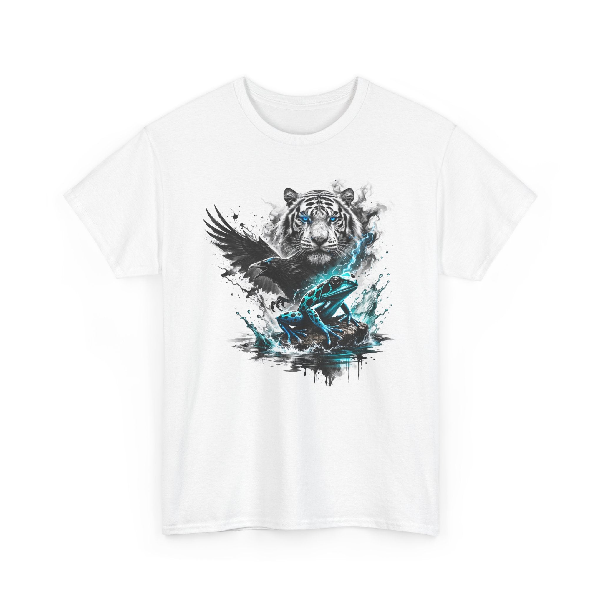 Tiger & Raven Graphic Tee — Blue Splash Wildlife Art T-Shirt