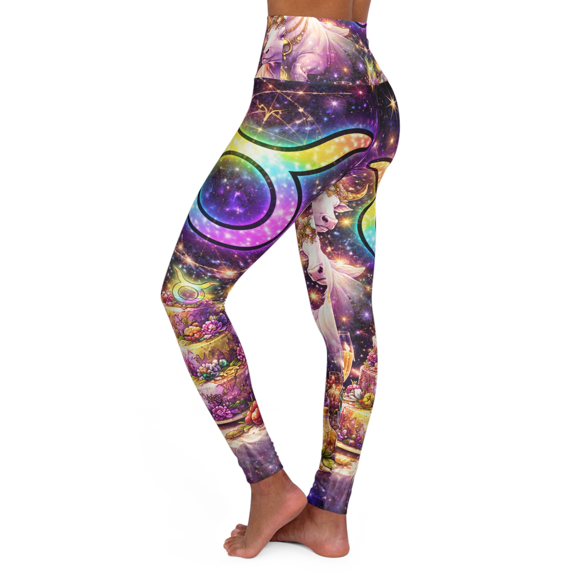 Galaxy Crescent Moon High-Waist Yoga Leggings — Cosmic Rainbow Astro Print