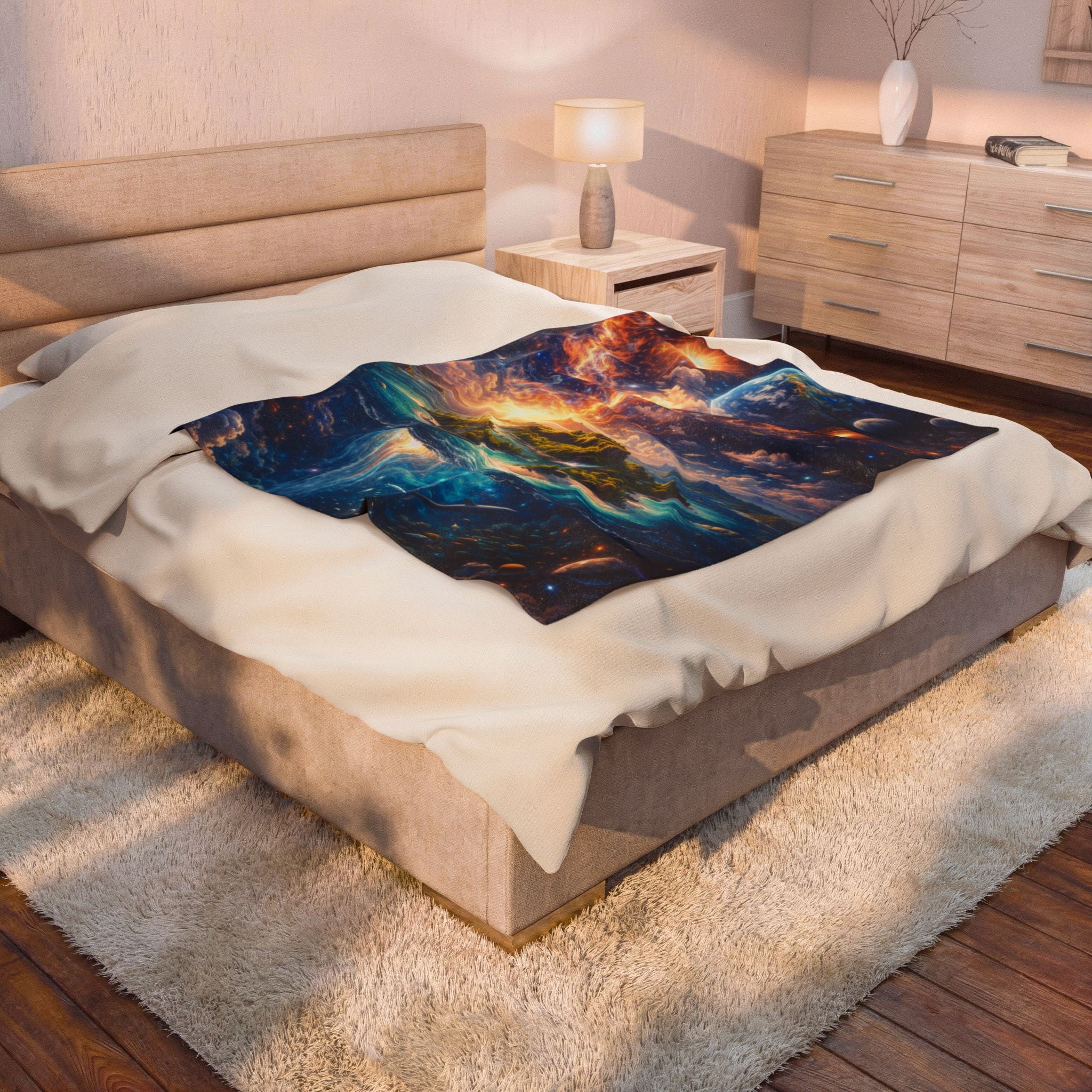 Cosmic Island Velveteen Plush Blanket — Surreal Spacescape Throw for Stargazers & Fantasy Lovers