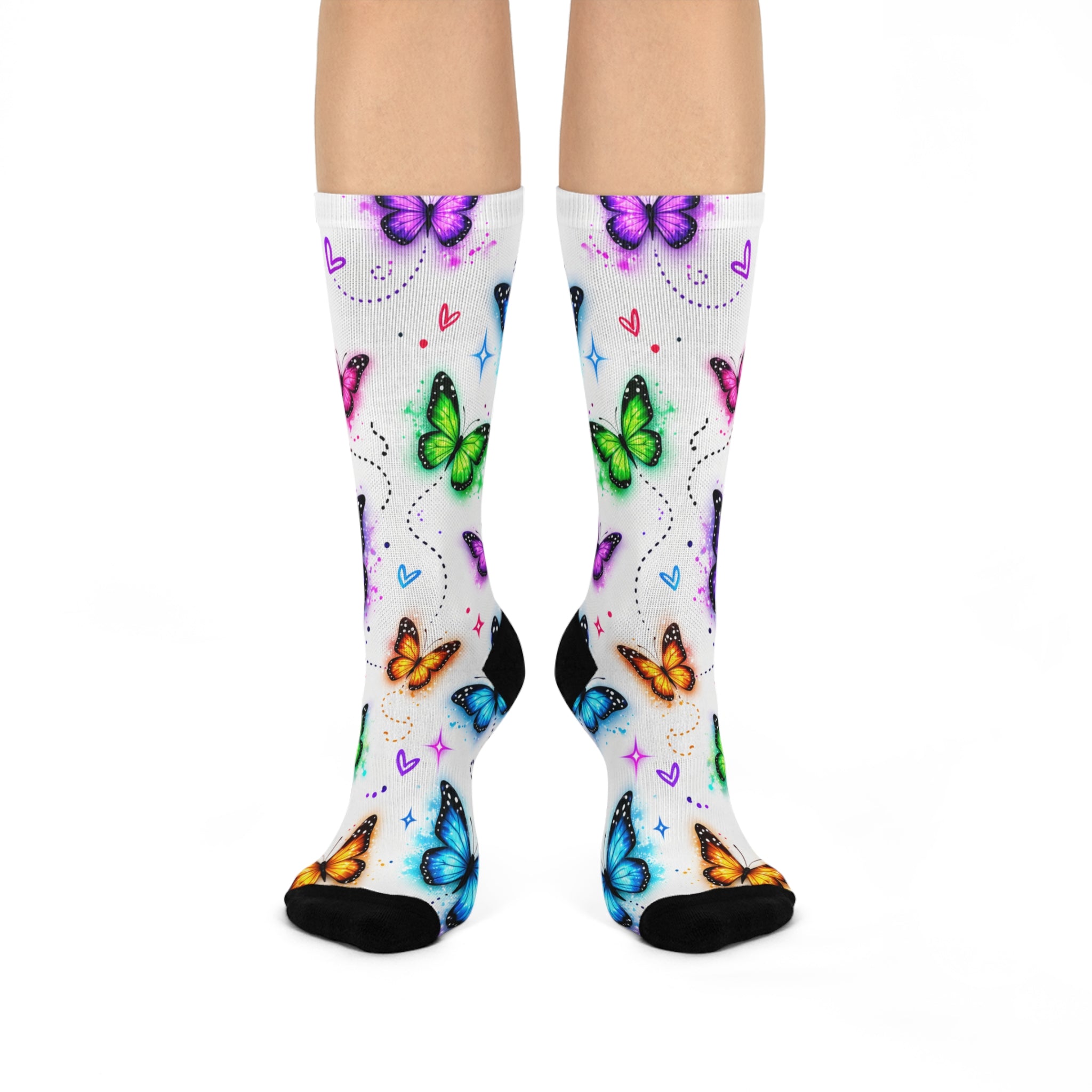 Colorful Butterfly Crew Socks — Cushioned Athletic Socks with Hearts & Stars Pattern