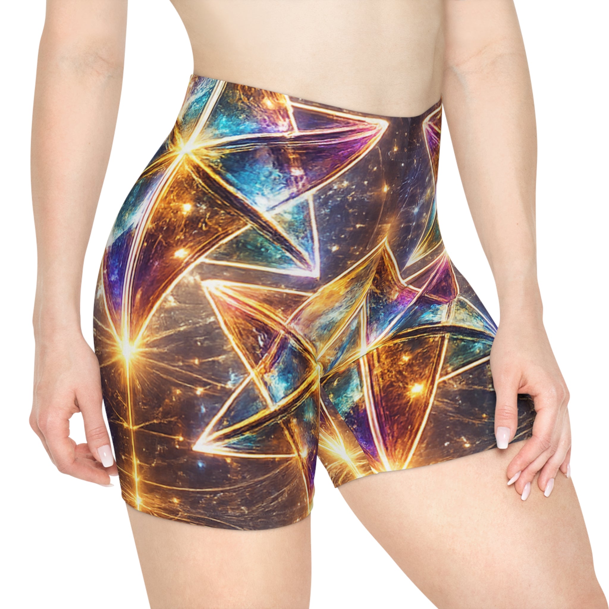 Galaxy Prism Biker Shorts — Women's Neon Star Geometric Activewear