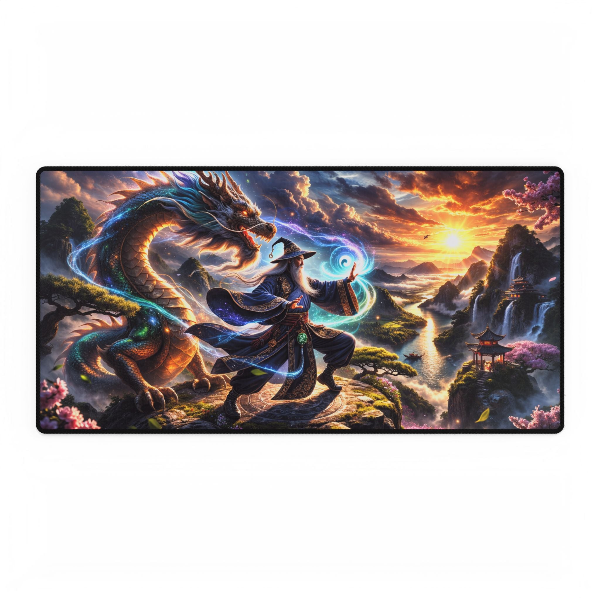 Dragon Mage Desk Mat — Fantasy Gaming Mousepad with Wizard & Sunset Artwork