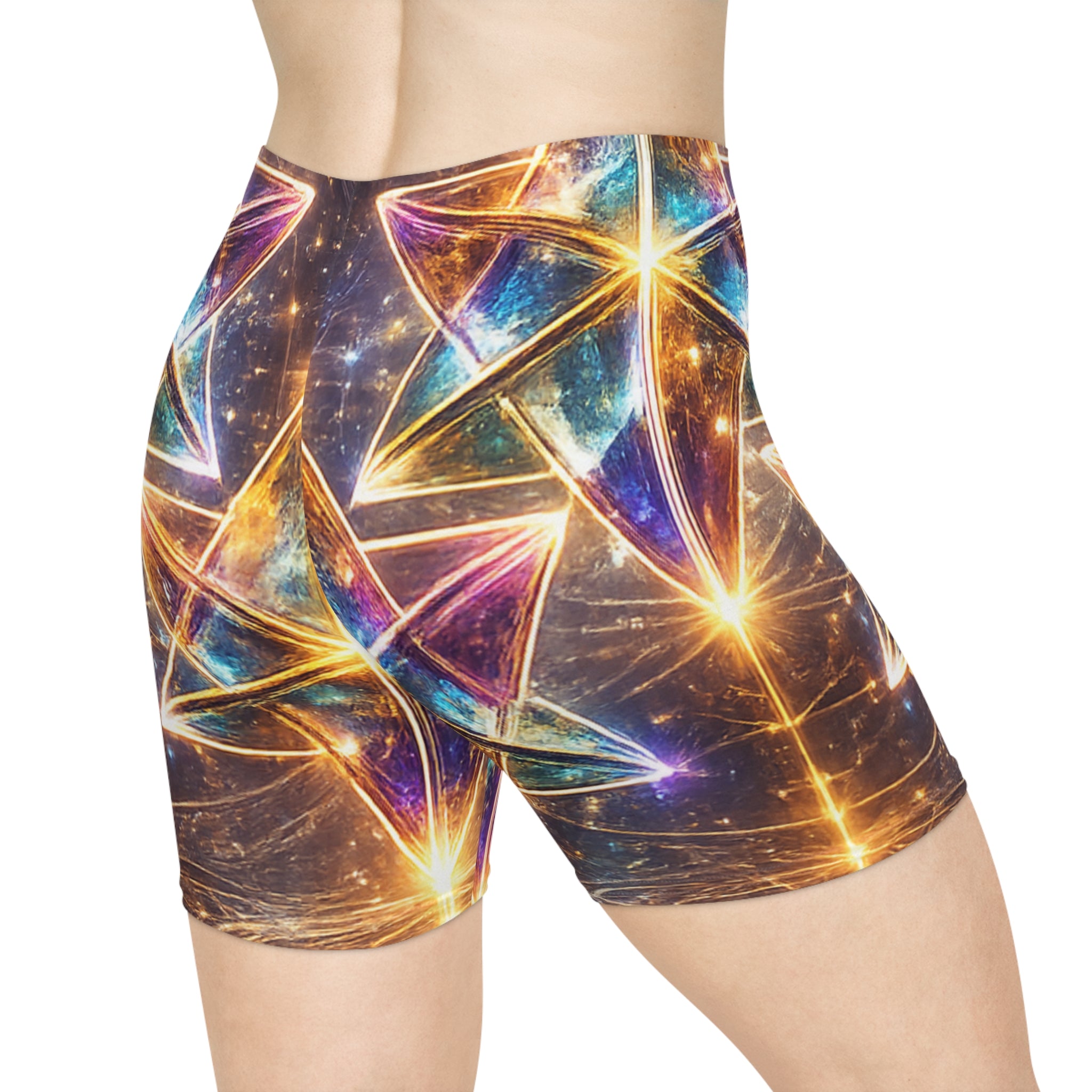 Galaxy Prism Biker Shorts — Women's Neon Star Geometric Activewear
