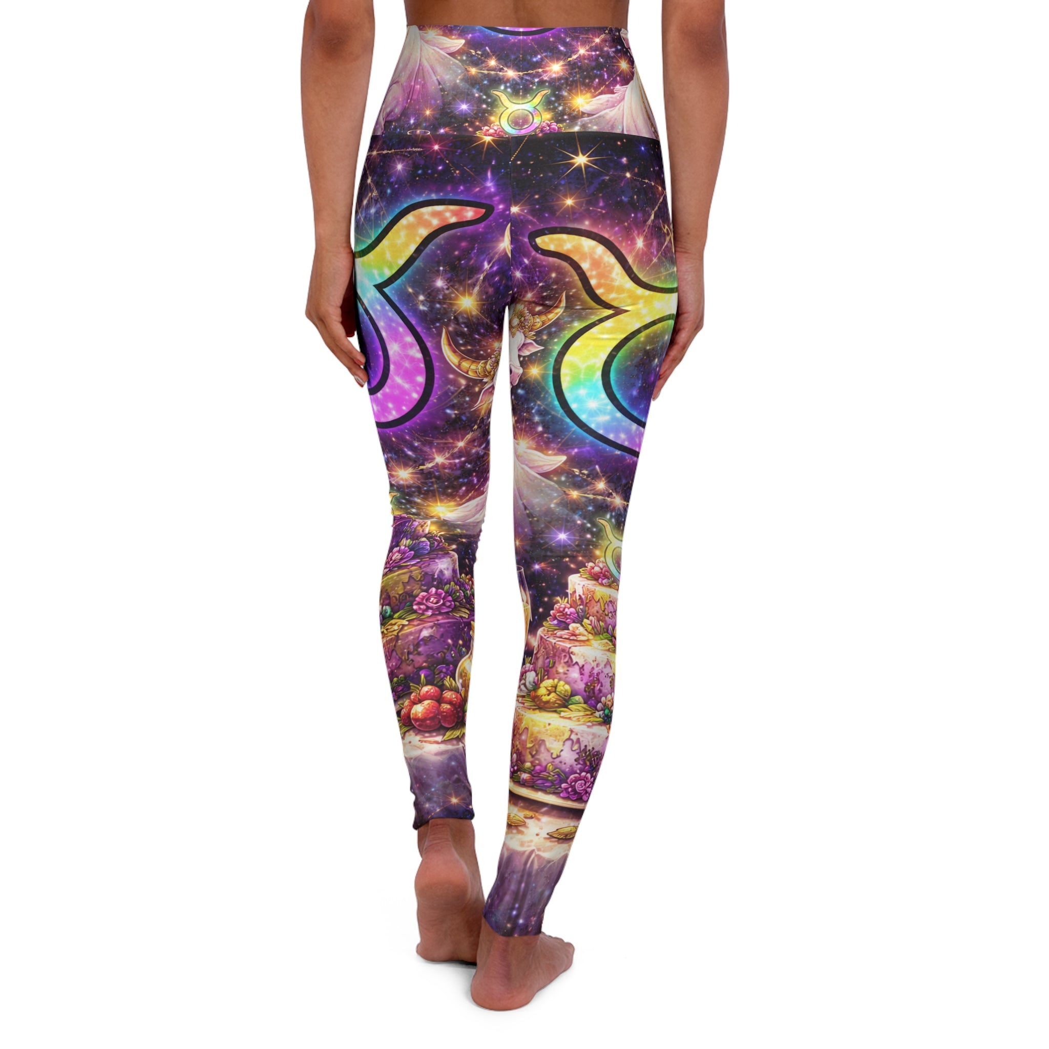 Galaxy Crescent Moon High-Waist Yoga Leggings — Cosmic Rainbow Astro Print