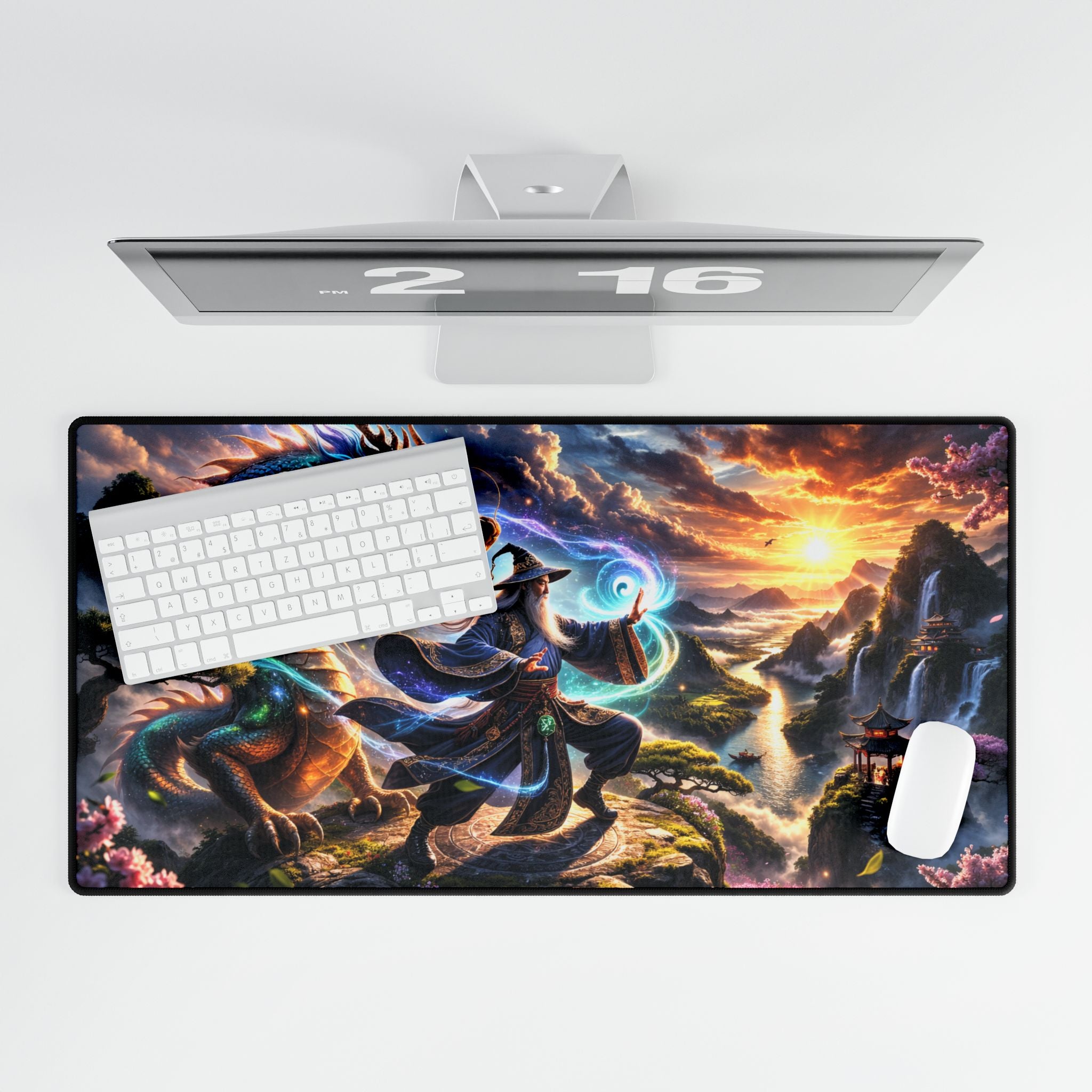 Dragon Mage Desk Mat — Fantasy Gaming Mousepad with Wizard & Sunset Artwork