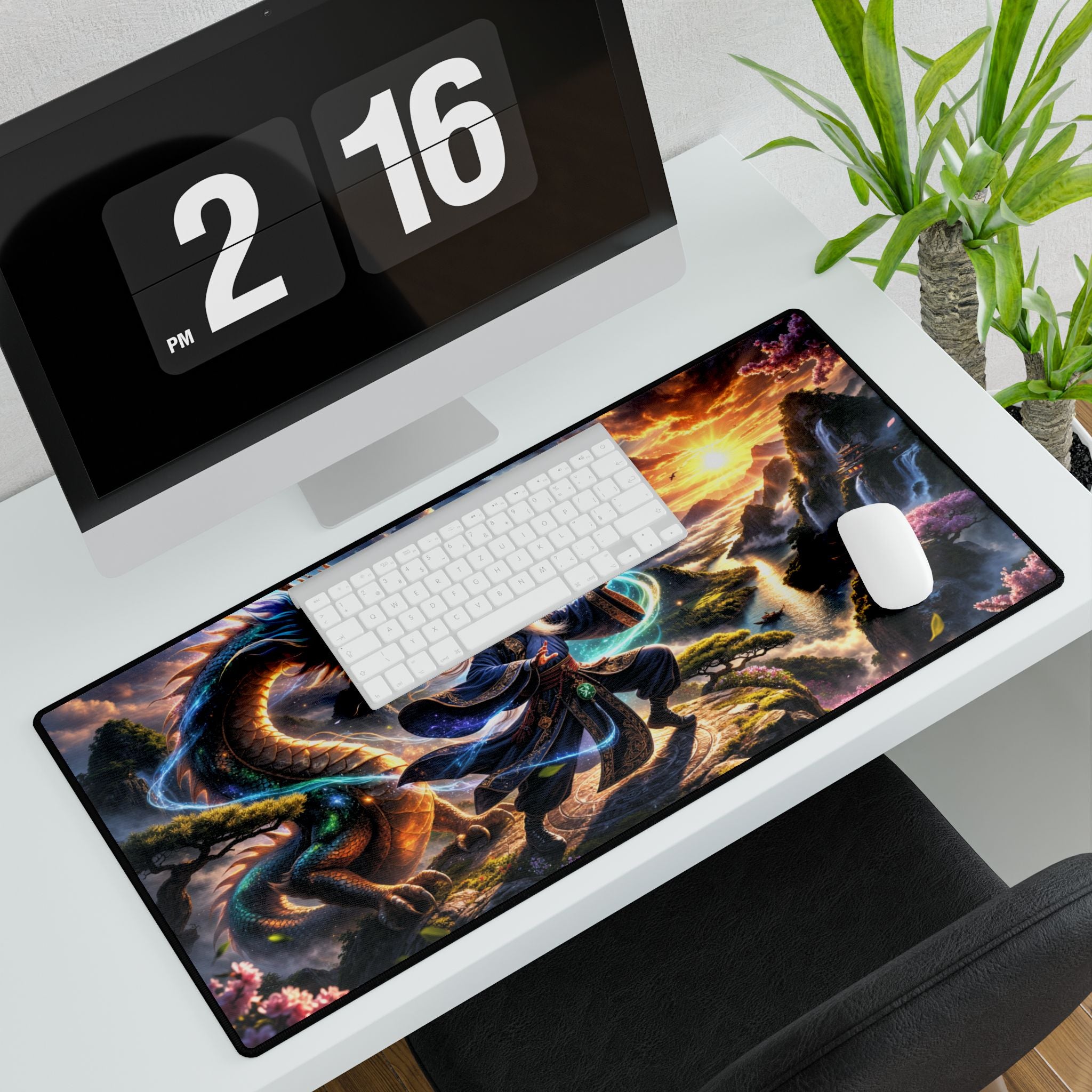 Dragon Mage Desk Mat — Fantasy Gaming Mousepad with Wizard & Sunset Artwork
