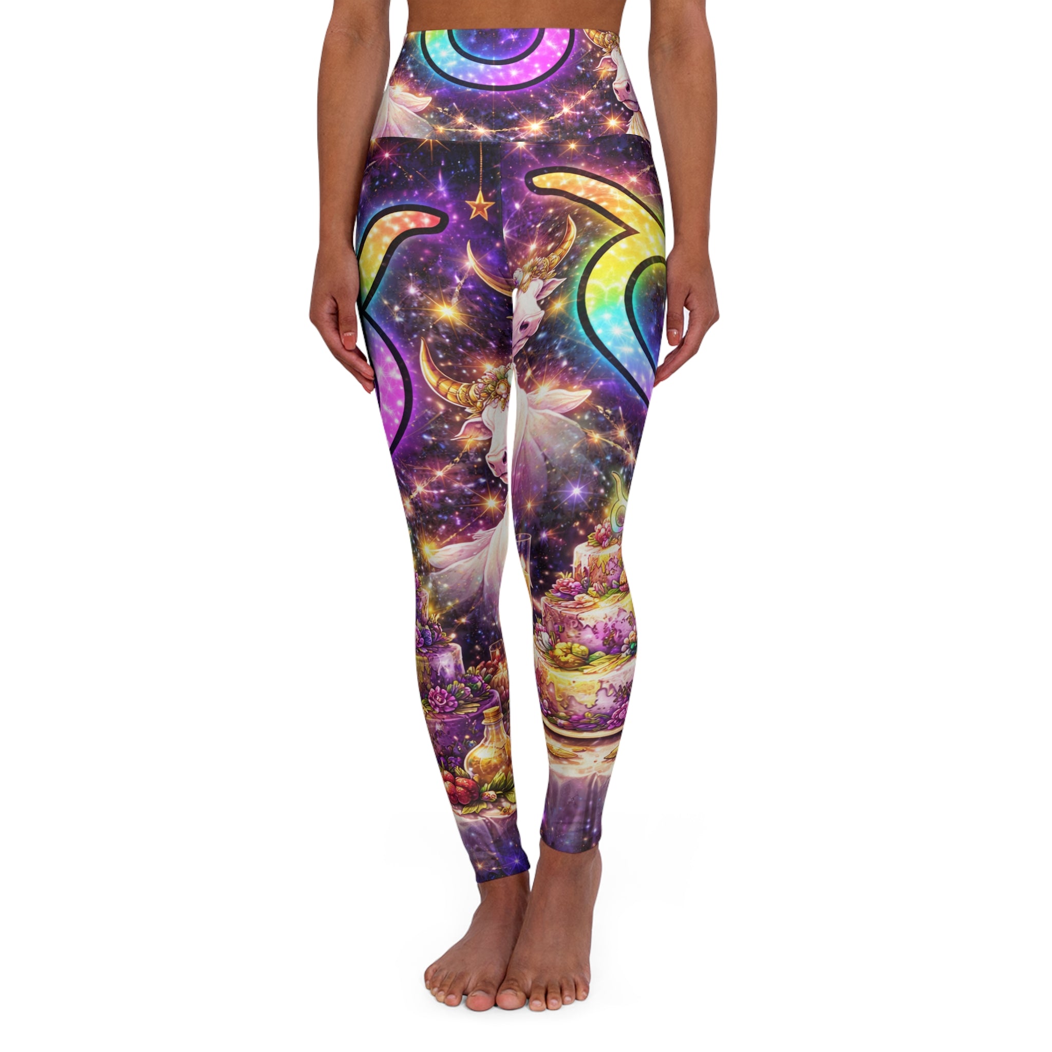 Galaxy Crescent Moon High-Waist Yoga Leggings — Cosmic Rainbow Astro Print