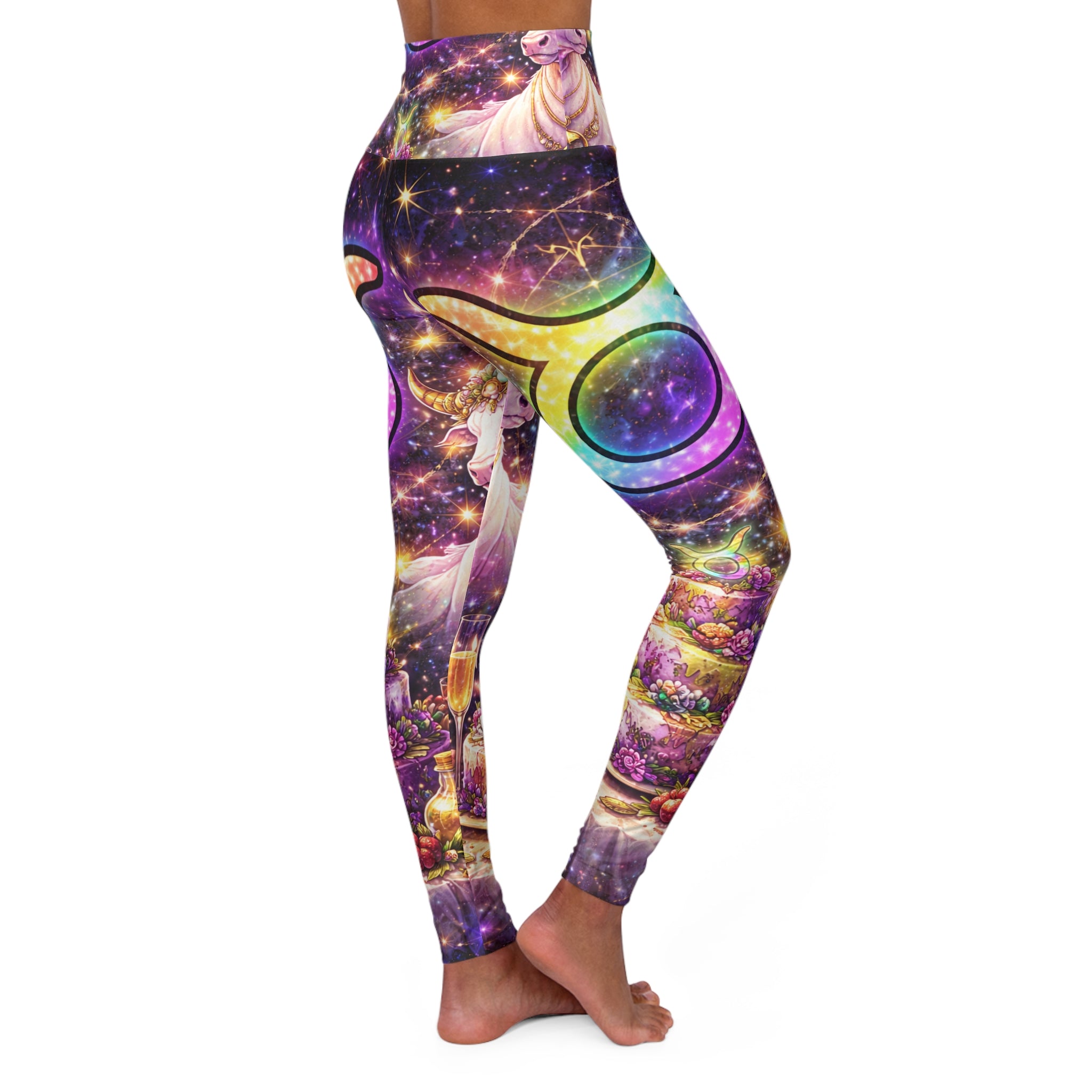 Galaxy Crescent Moon High-Waist Yoga Leggings — Cosmic Rainbow Astro Print