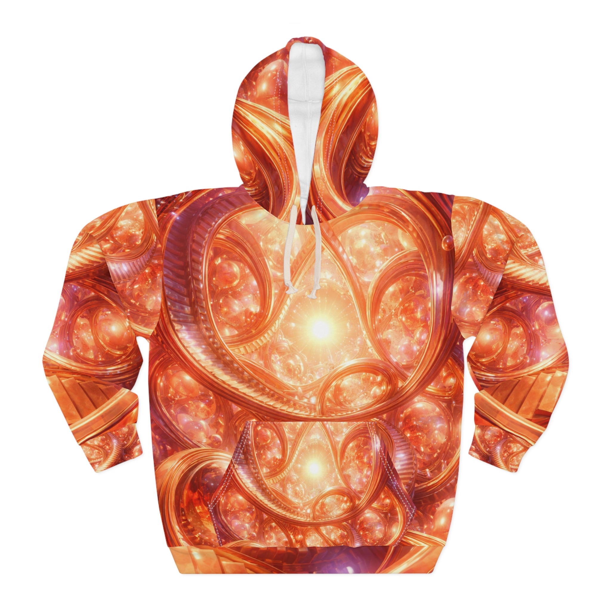 Fractal Sunburst All-Over-Print Hoodie — Vibrant Orange Cosmic Spiral Design