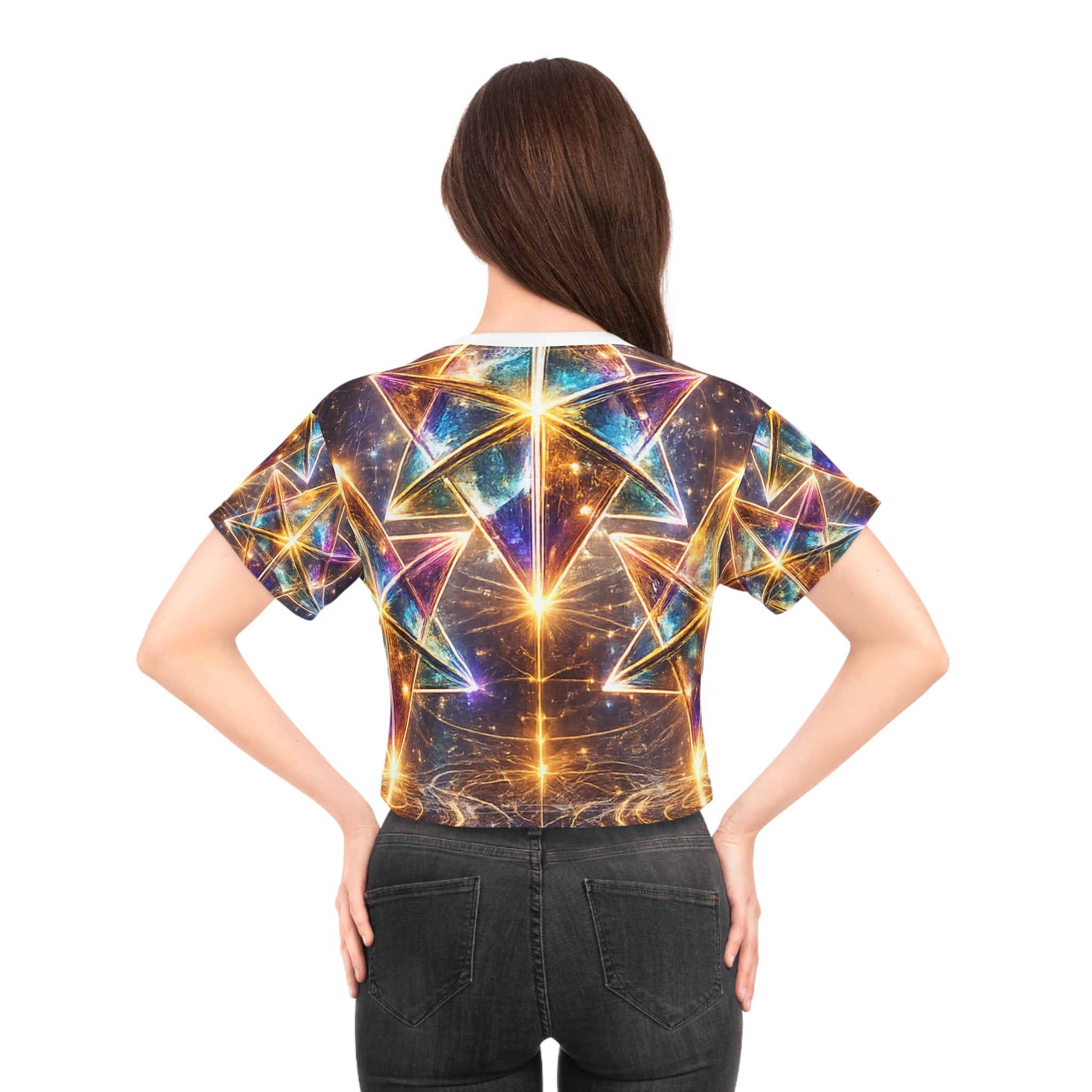 Galactic Prism Crop Tee — Neon Star Geometry AOP