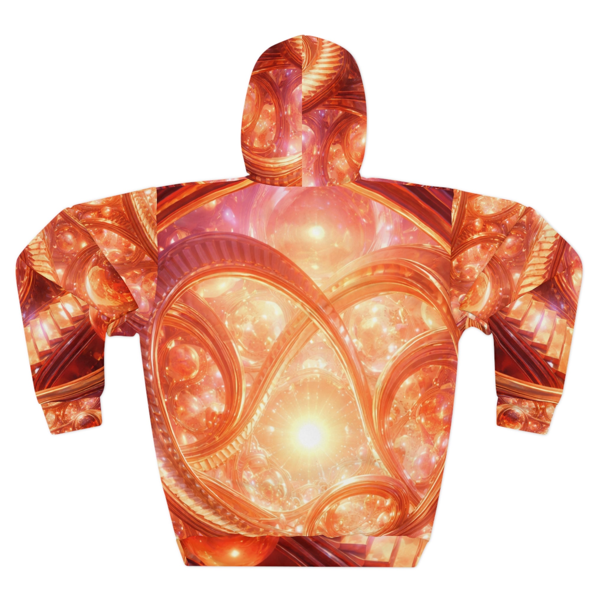 Fractal Sunburst All-Over-Print Hoodie — Vibrant Orange Cosmic Spiral Design