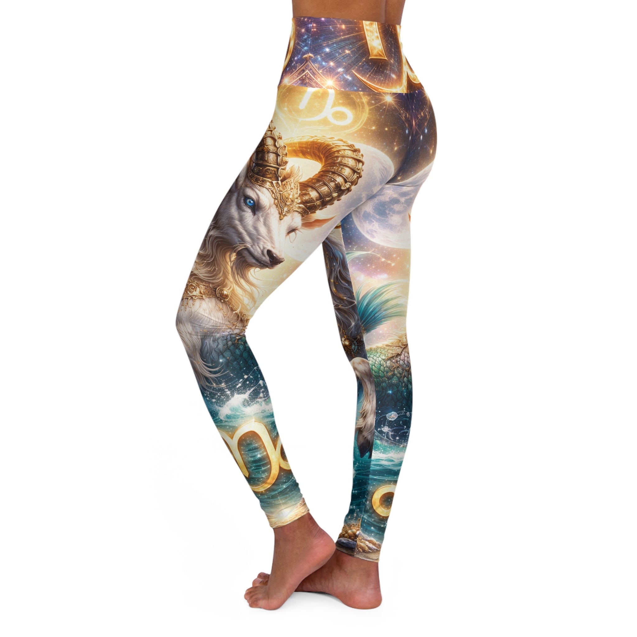 Celestial Capricorn High-Waisted Yoga Leggings — Astrological Goat AOP