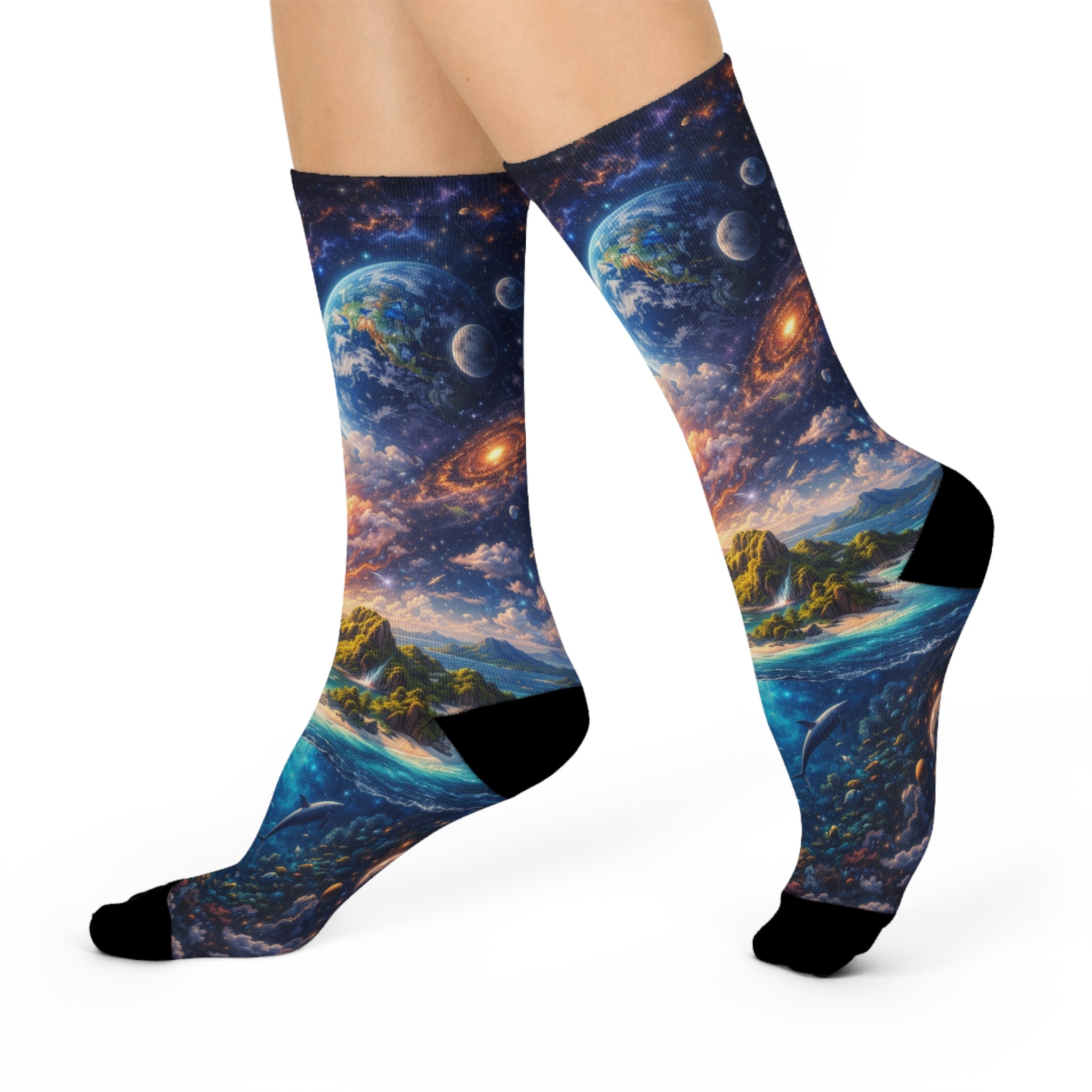 Cosmic Landscape Crew Socks — Planet, Moon & Galaxy Cushioned Socks