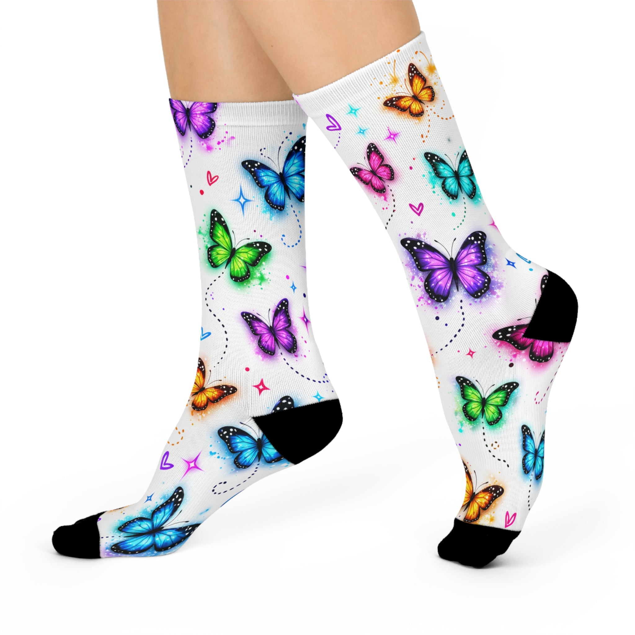 Colorful Butterfly Crew Socks — Cushioned Athletic Socks with Hearts & Stars Pattern