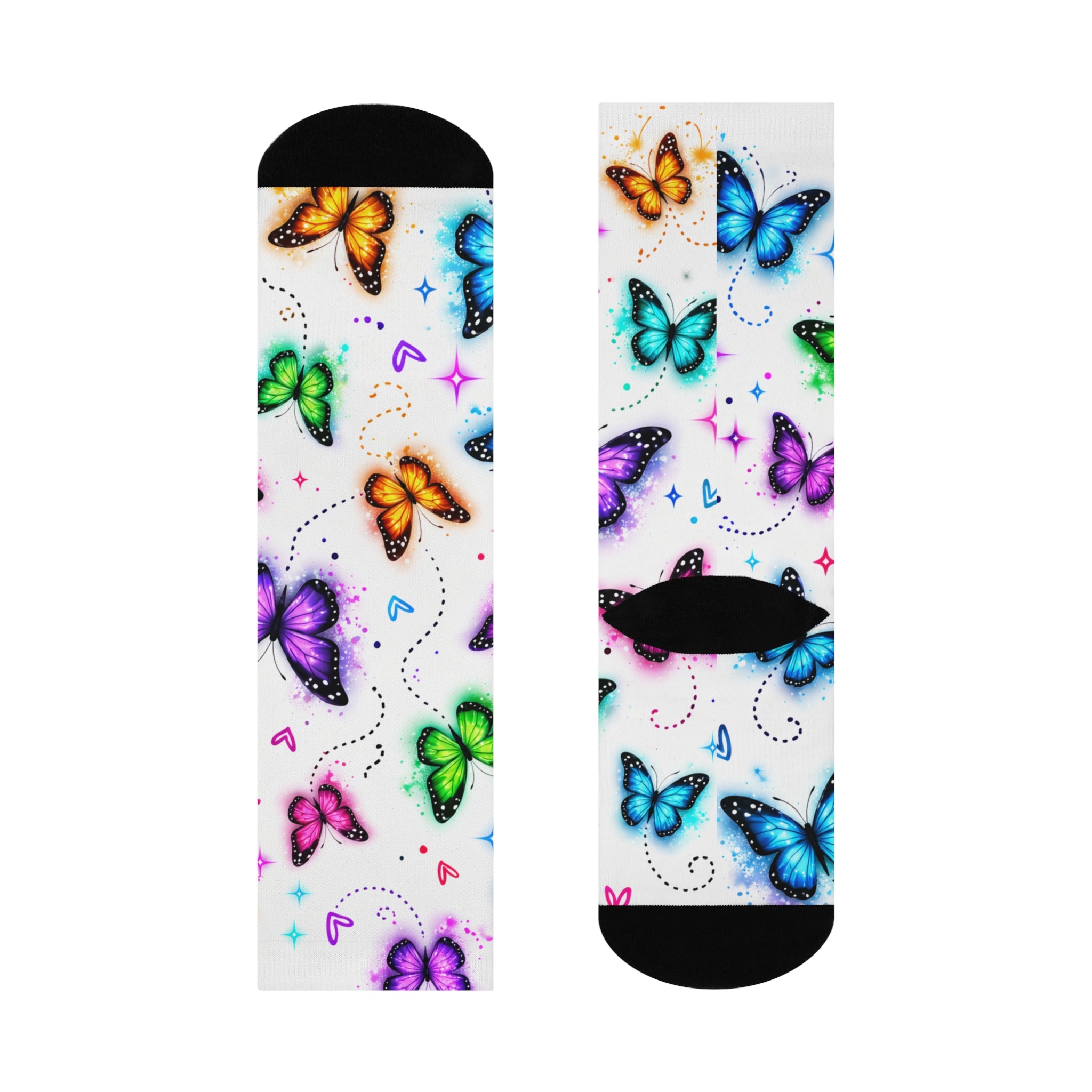 Colorful Butterfly Crew Socks — Cushioned Athletic Socks with Hearts & Stars Pattern