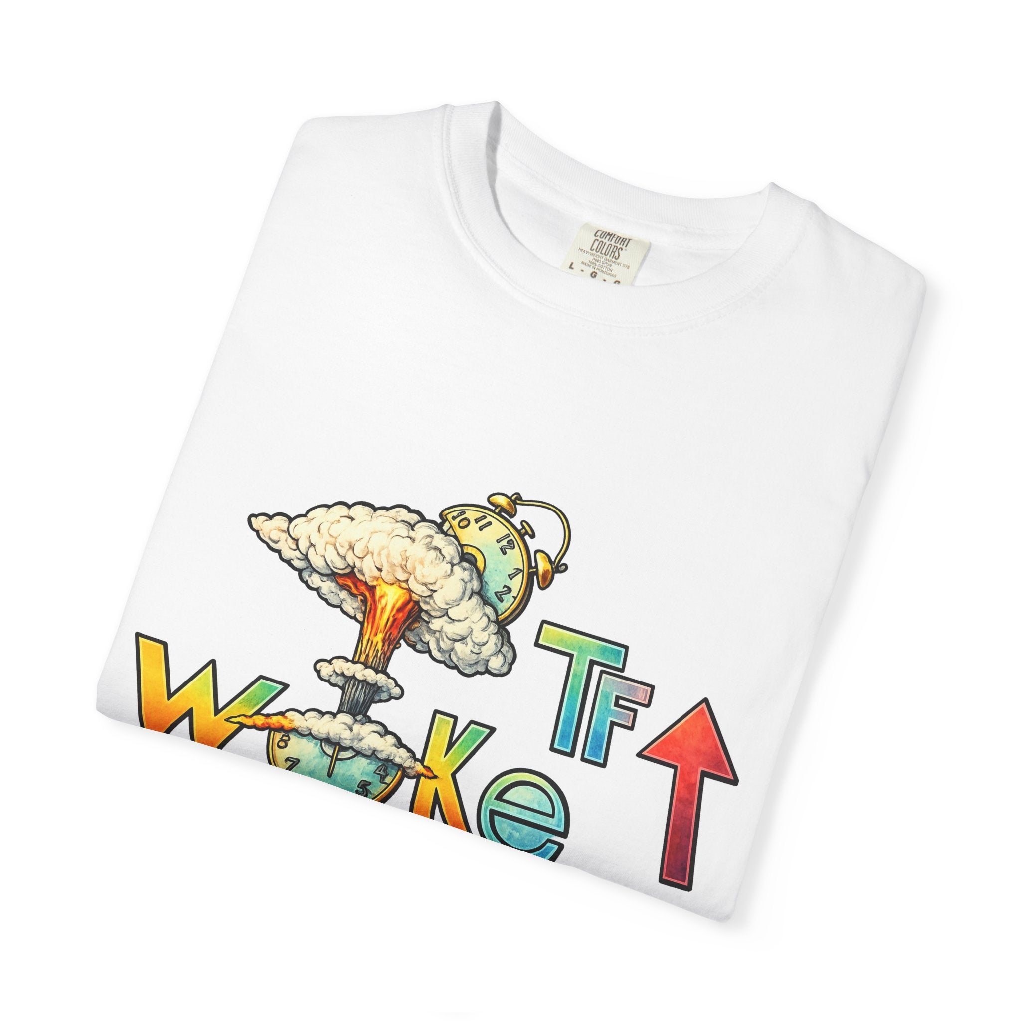 Woke TF Graphic Tee — Retro Mushroom Cloud Illustration