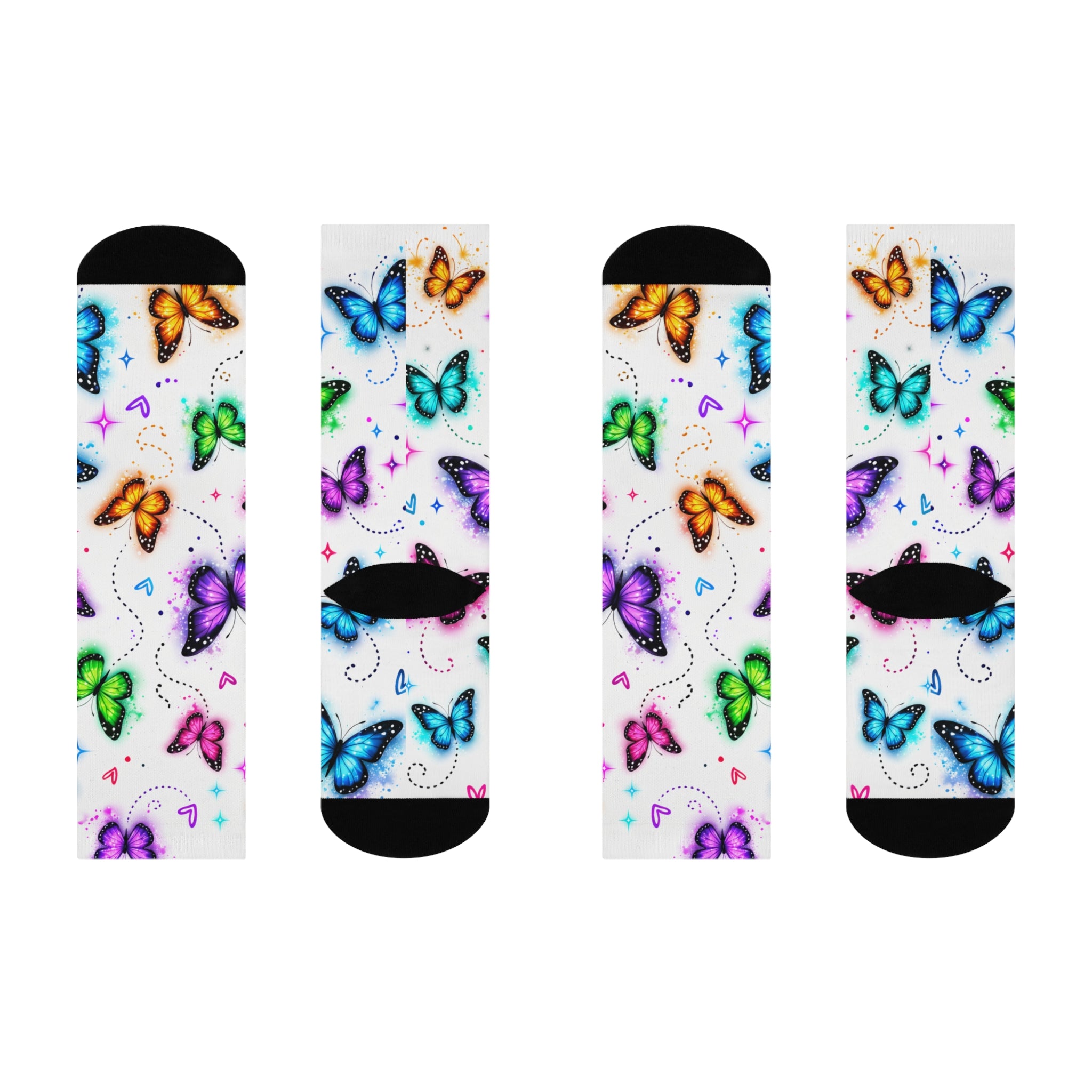 Colorful Butterfly Crew Socks — Cushioned Athletic Socks with Hearts & Stars Pattern