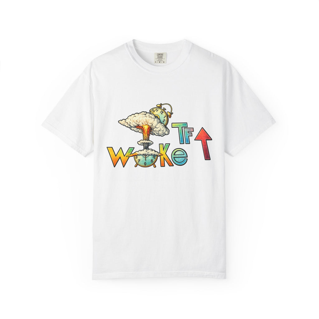 Woke TF Graphic Tee — Retro Mushroom Cloud Illustration