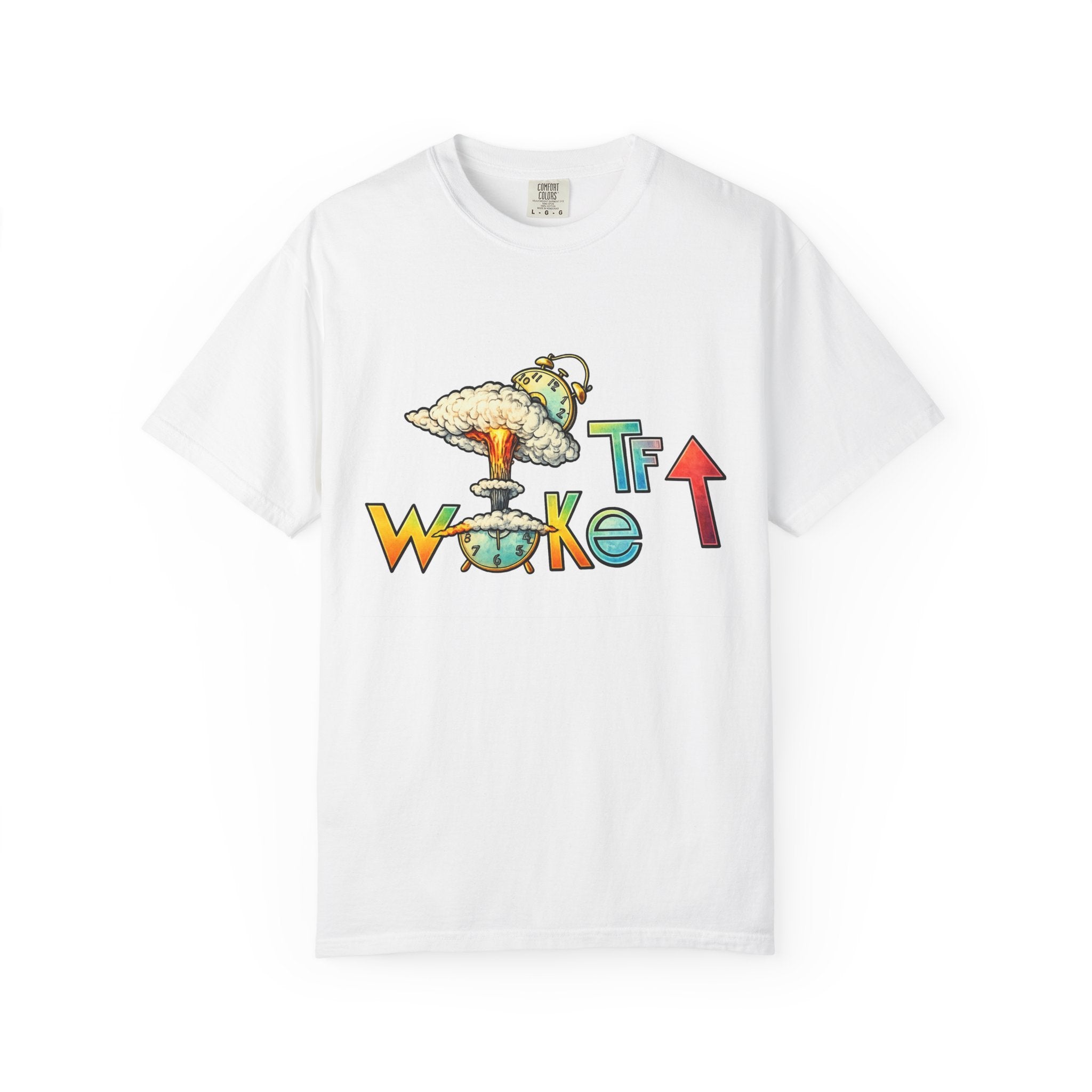 Woke TF Graphic Tee — Retro Mushroom Cloud Illustration