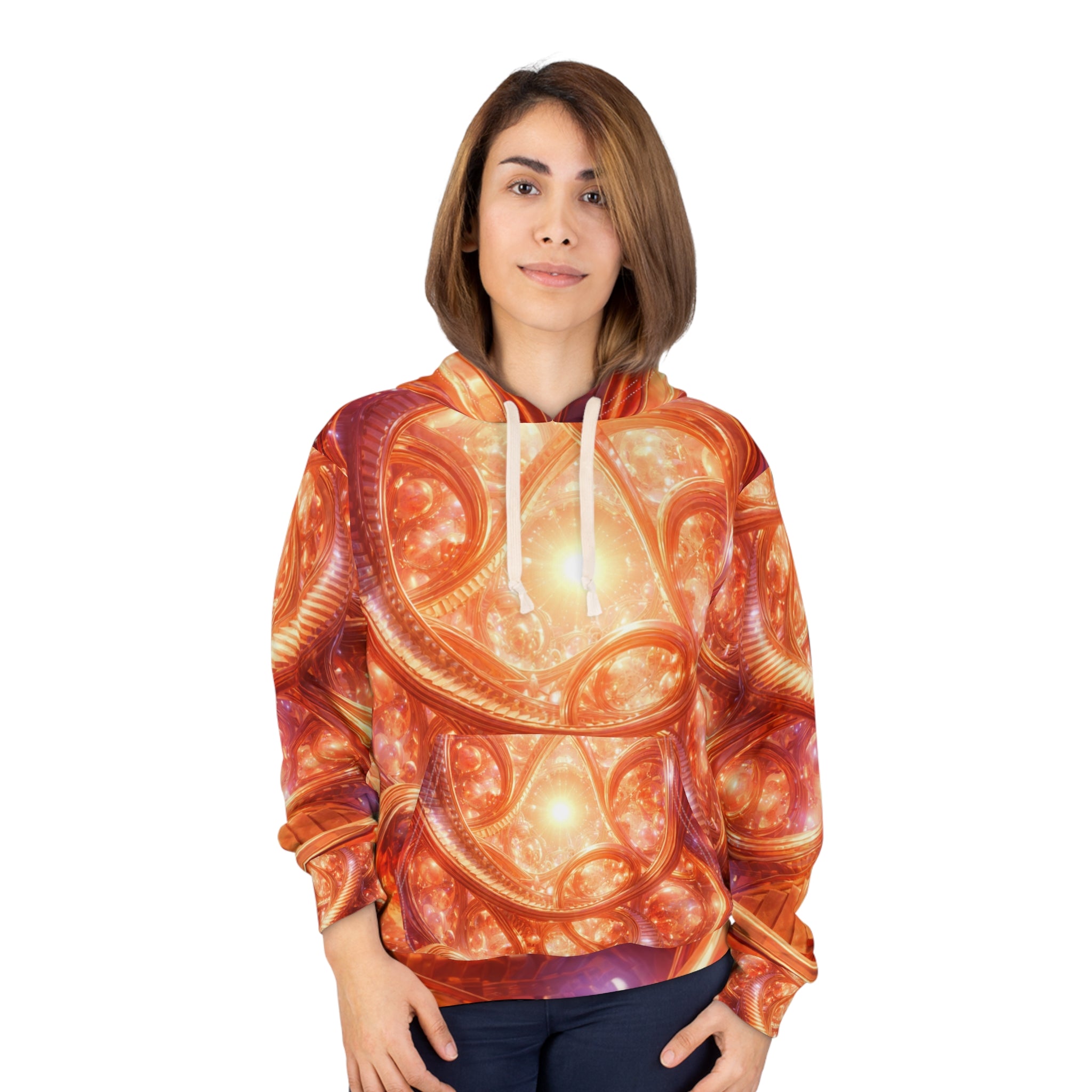 Fractal Sunburst All-Over-Print Hoodie — Vibrant Orange Cosmic Spiral Design