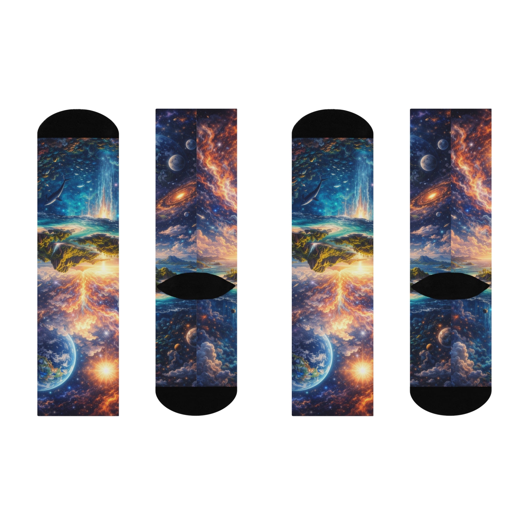 Cosmic Landscape Crew Socks — Planet, Moon & Galaxy Cushioned Socks