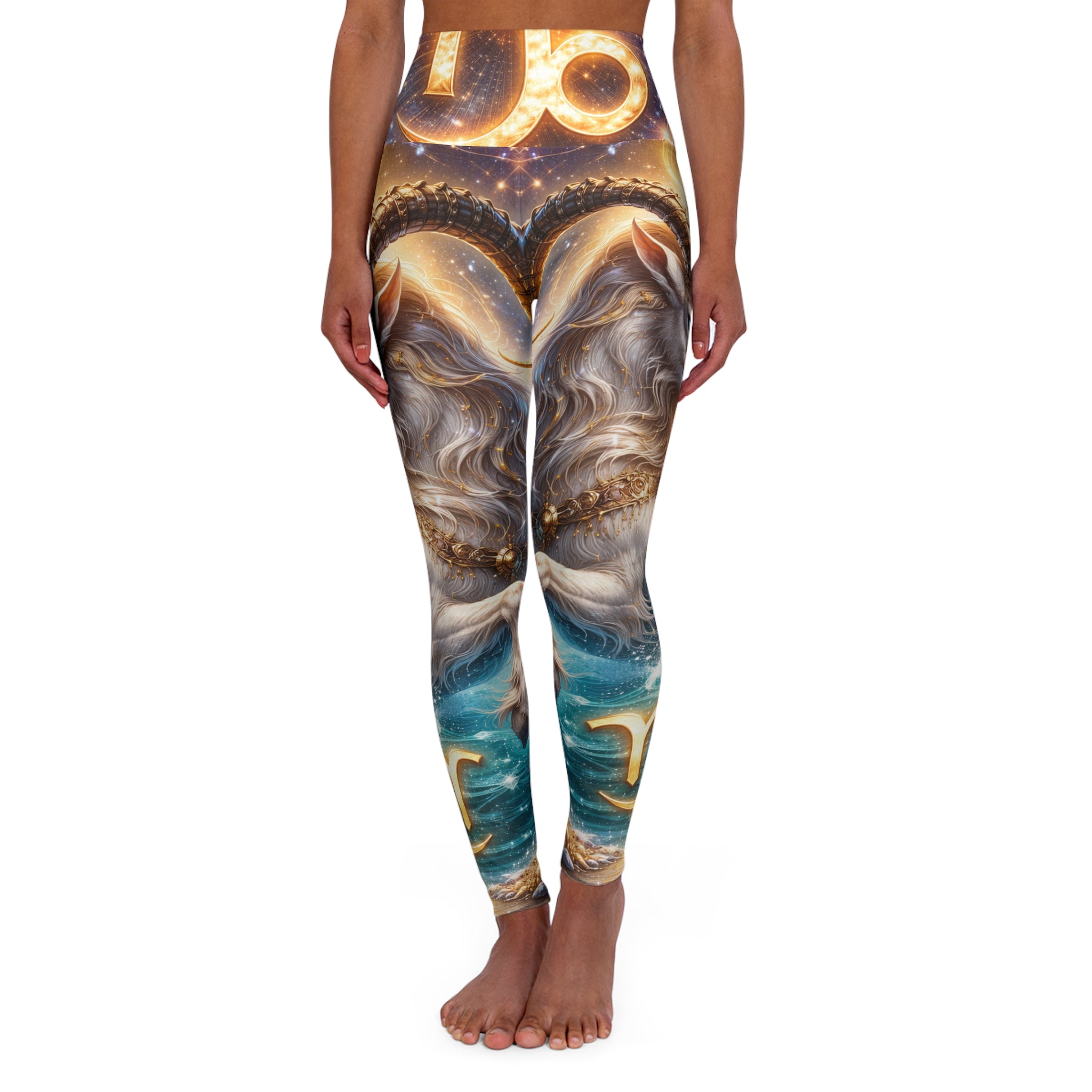 Celestial Capricorn High-Waisted Yoga Leggings — Astrological Goat AOP