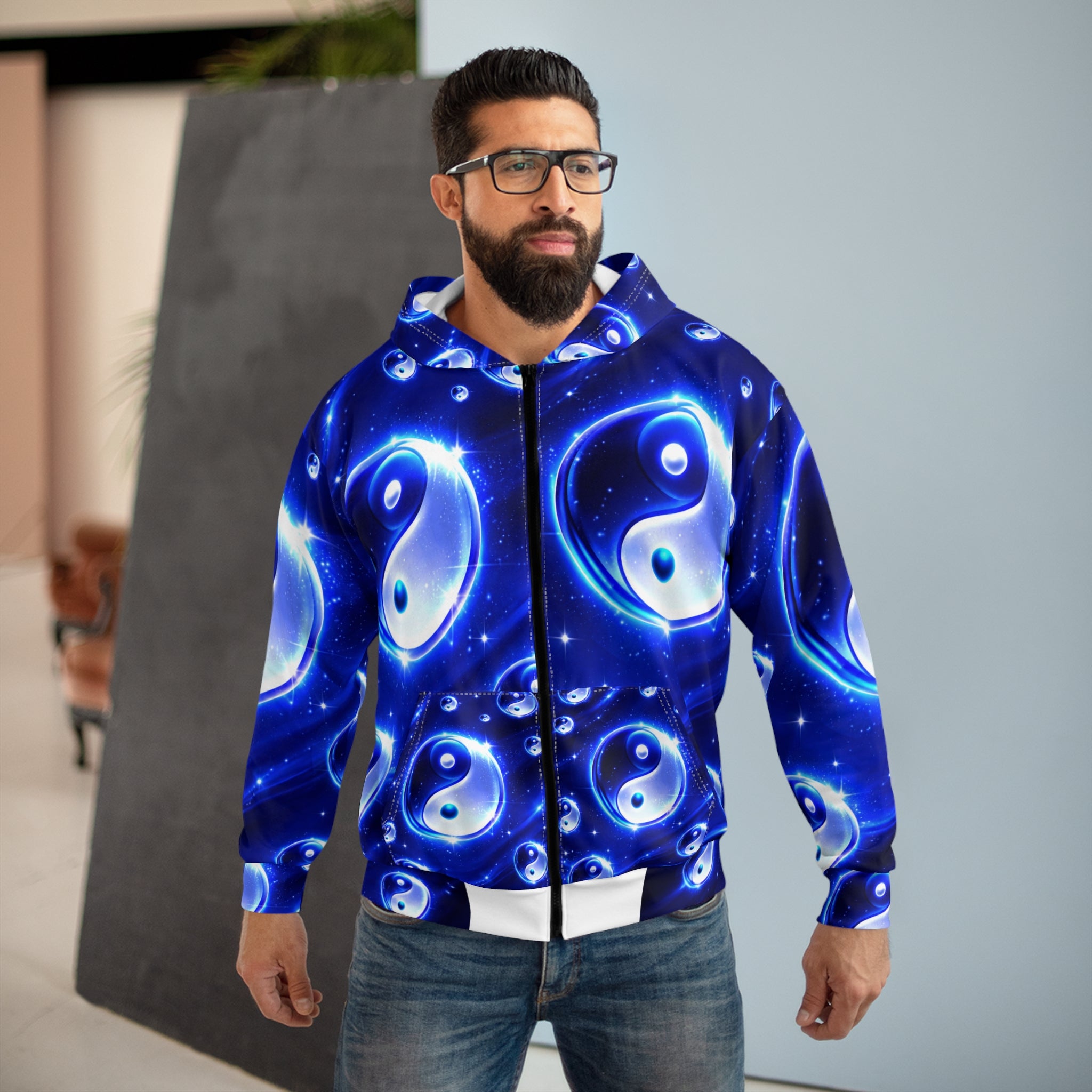 Blue Yin Yang Zip Hoodie – Cosmic Energy All-Over Print
