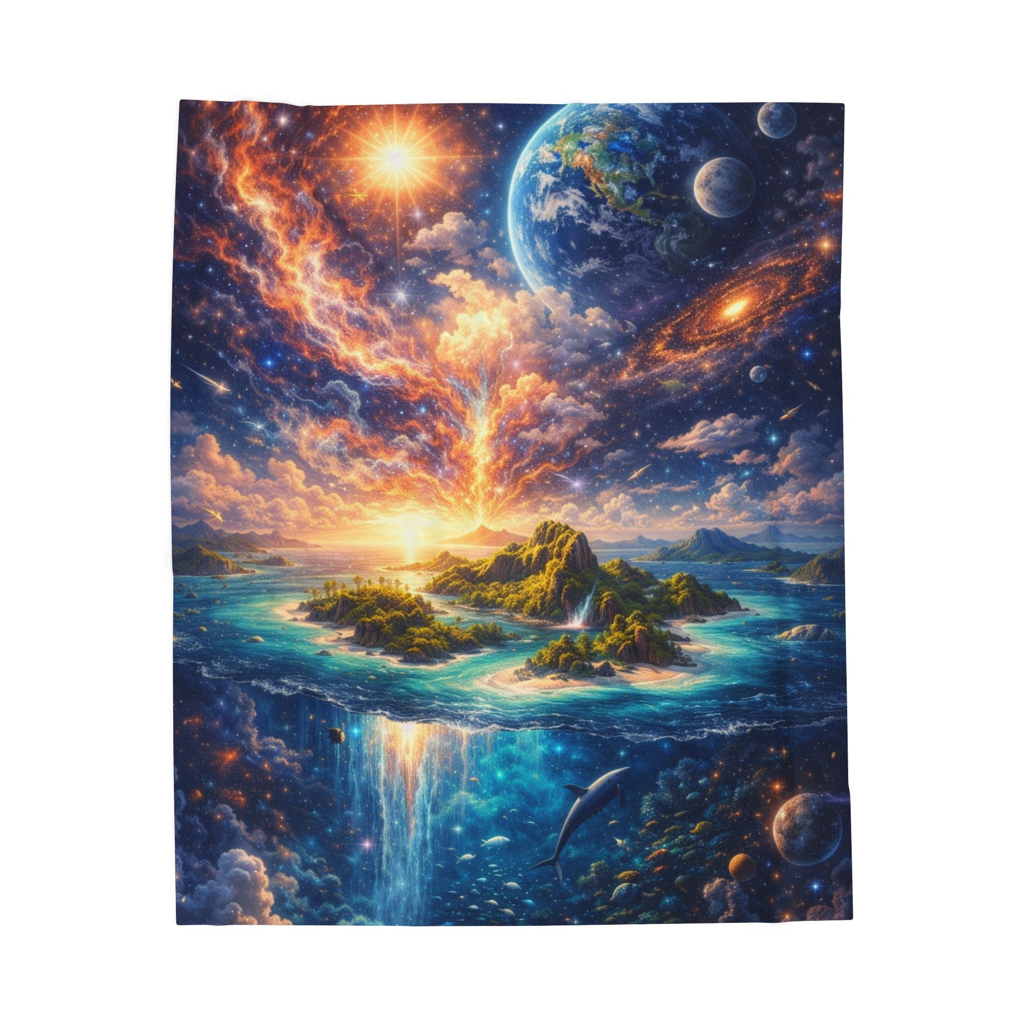 Cosmic Island Velveteen Plush Blanket — Surreal Spacescape Throw for Stargazers & Fantasy Lovers