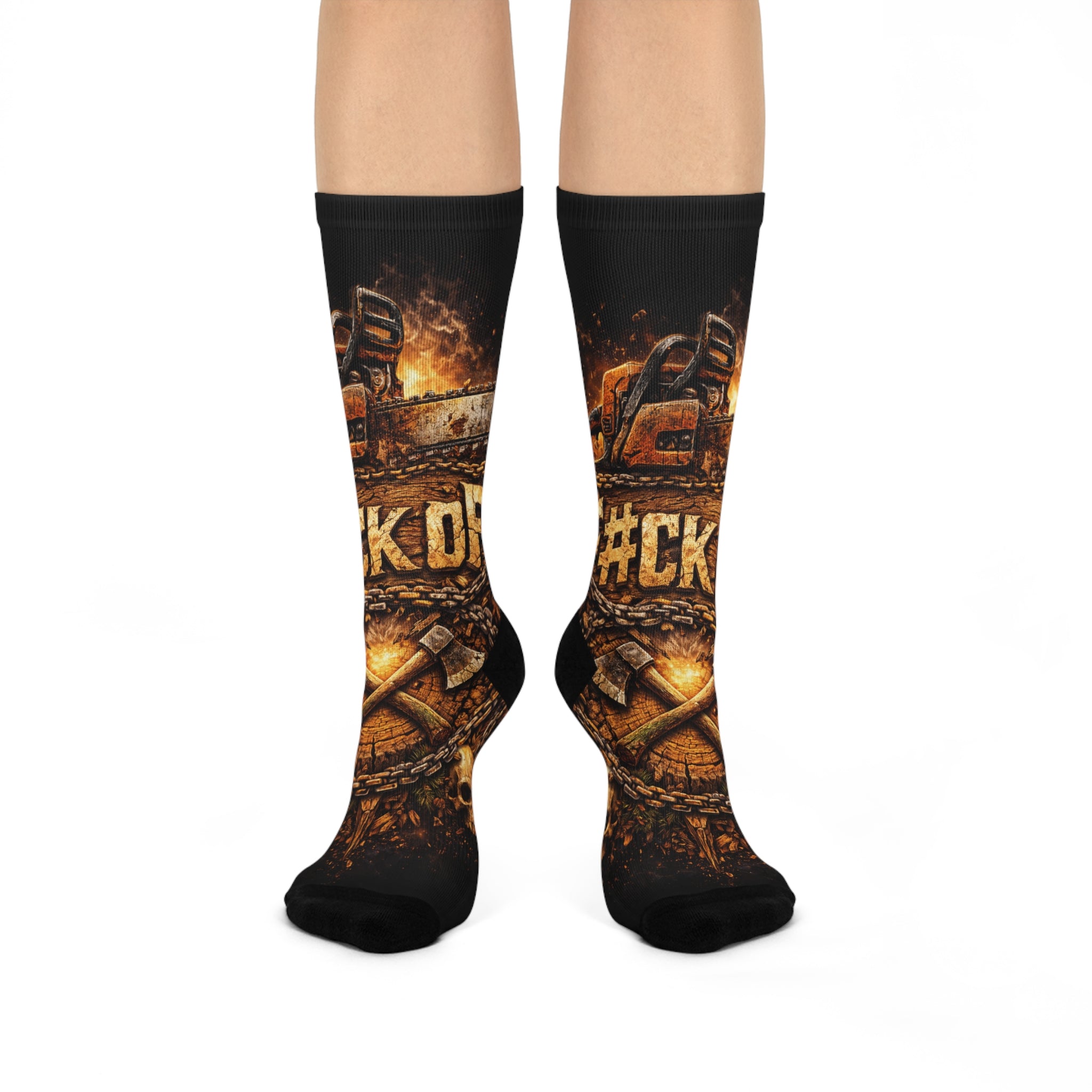 Cushioned Crew Socks — Fiery Skull & Chains Rock 'Kick Off' Graphic