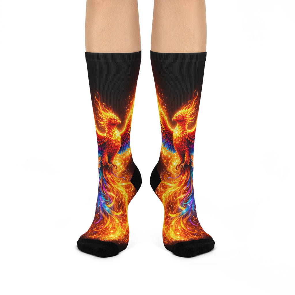 Phoenix Flame Cushioned Crew Socks — Vibrant Fiery Bird Graphic