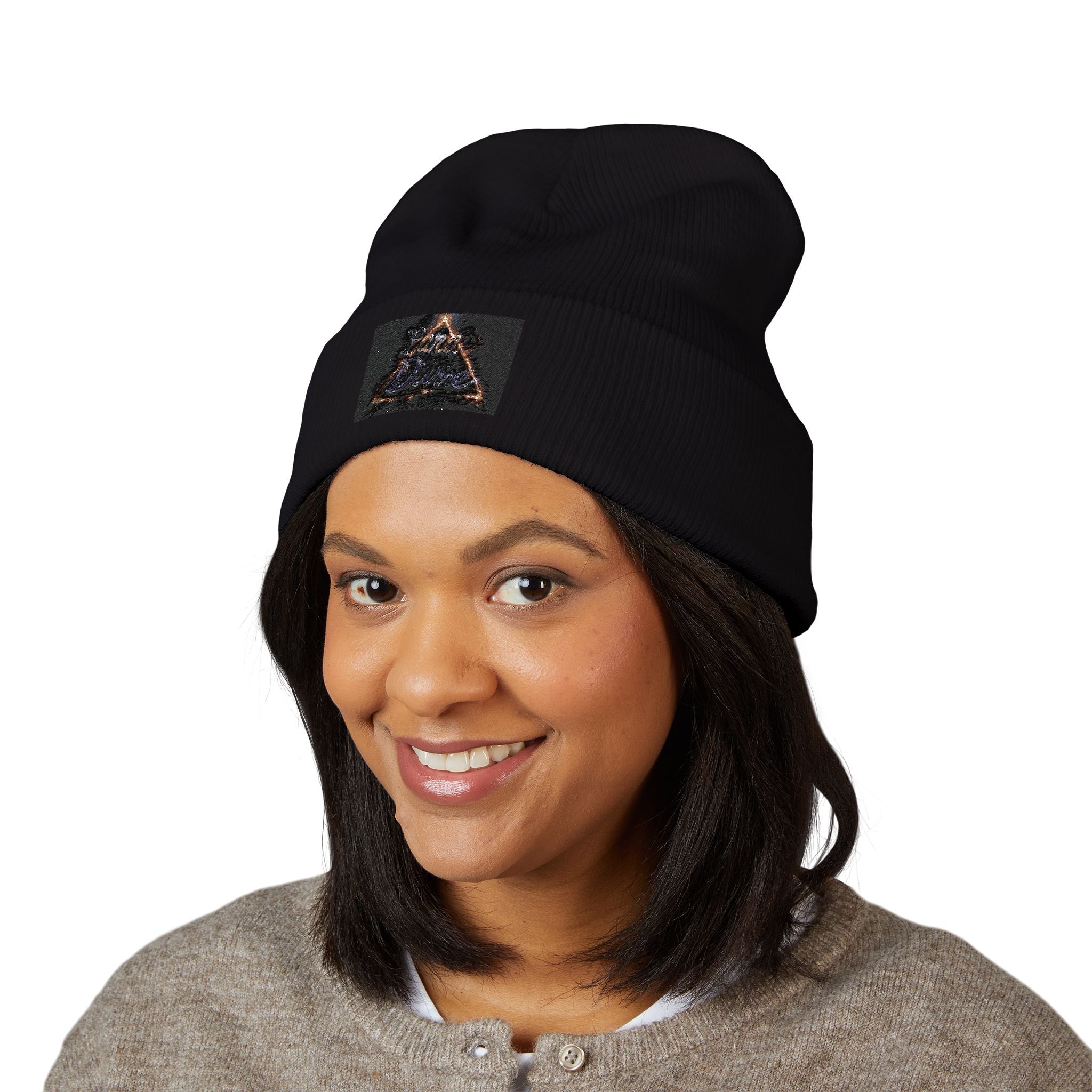 Embroidered Triangle Patch Beanie — Classic Cuffed Knit Hat