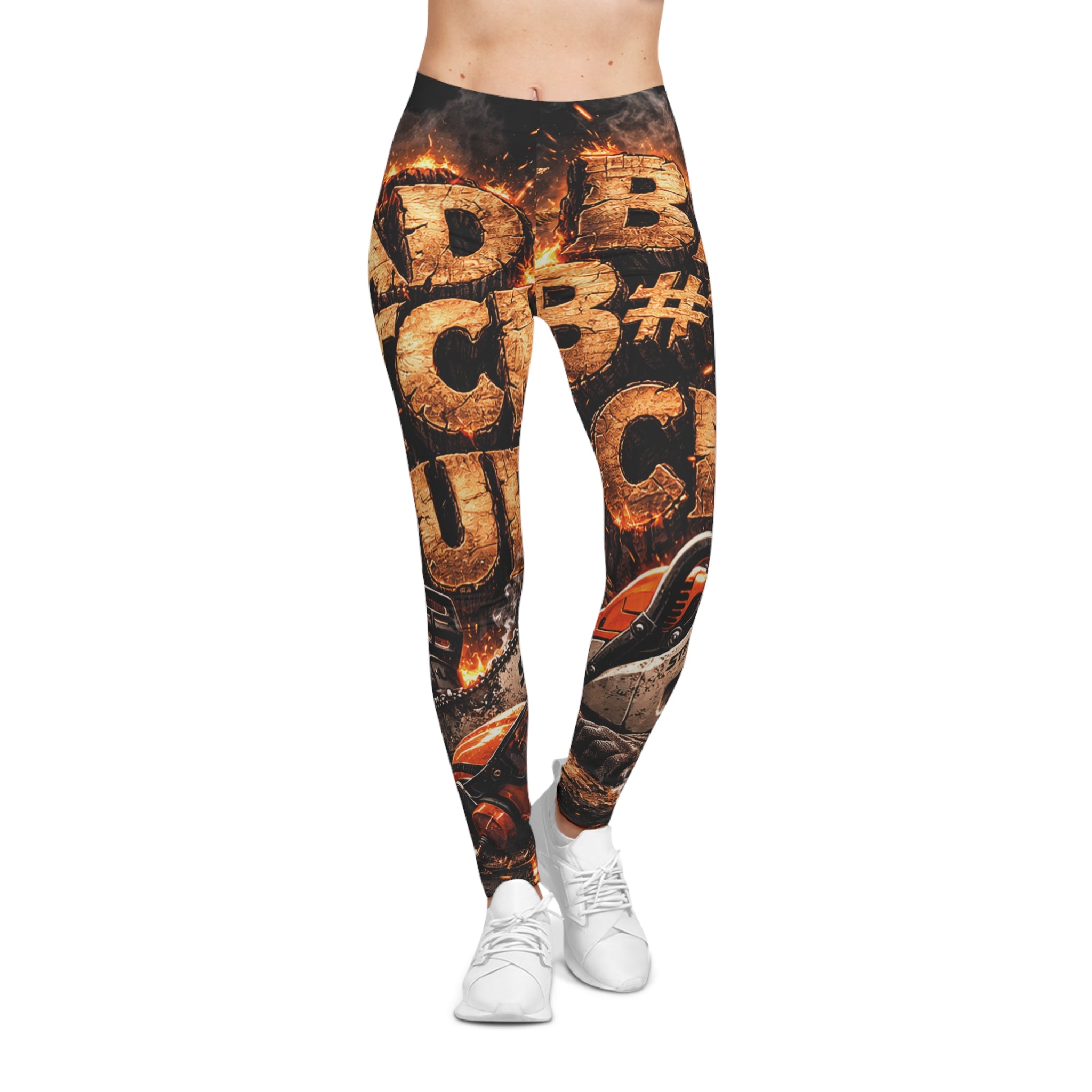 Chainsaw & Flames Graphic Leggings — Edgy Streetwear for Women