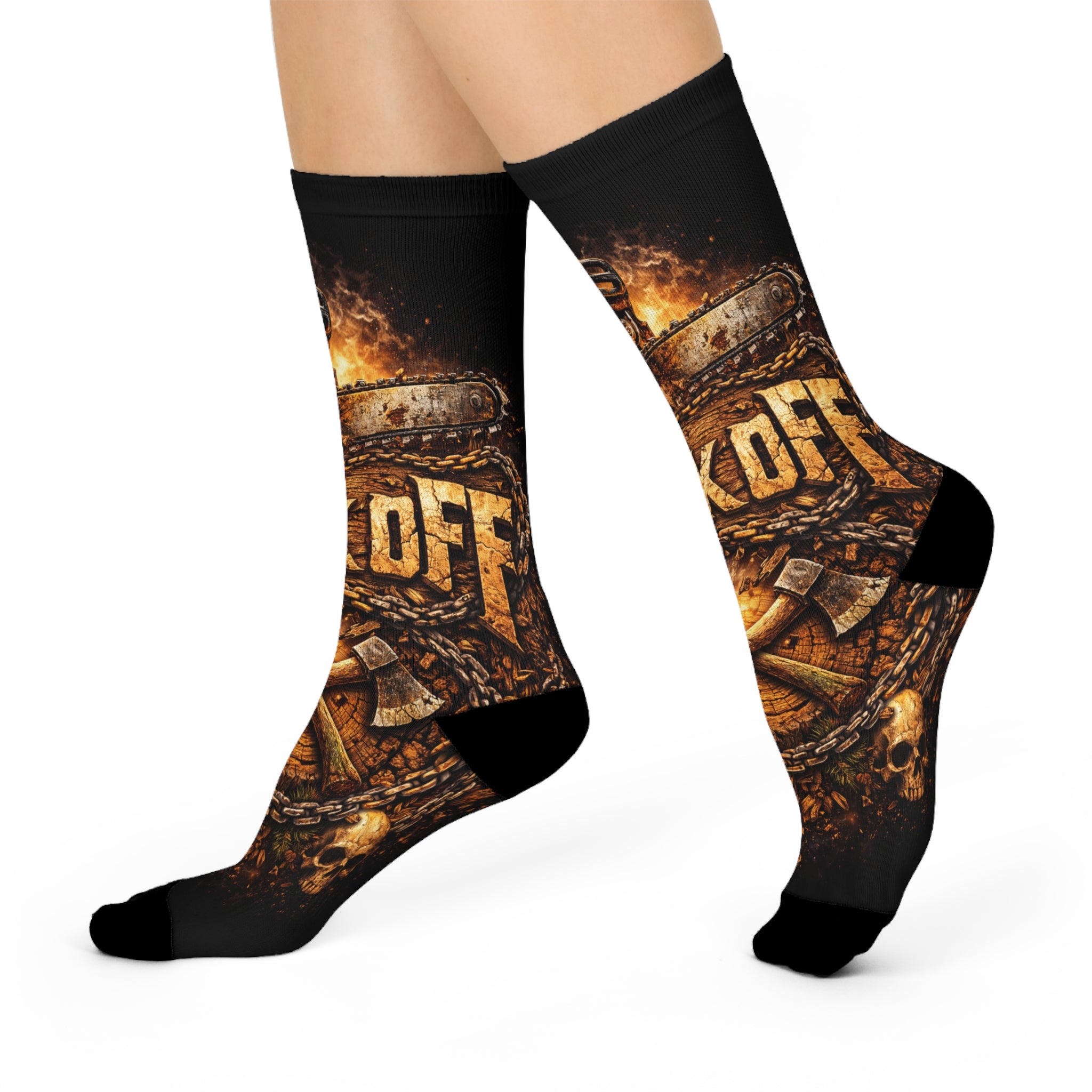 Cushioned Crew Socks — Fiery Skull & Chains Rock 'Kick Off' Graphic