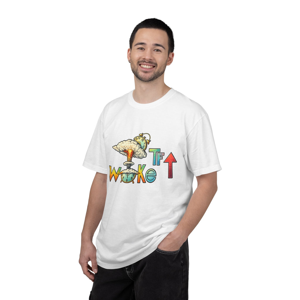 Woke TF Graphic Tee — Retro Mushroom Cloud Illustration