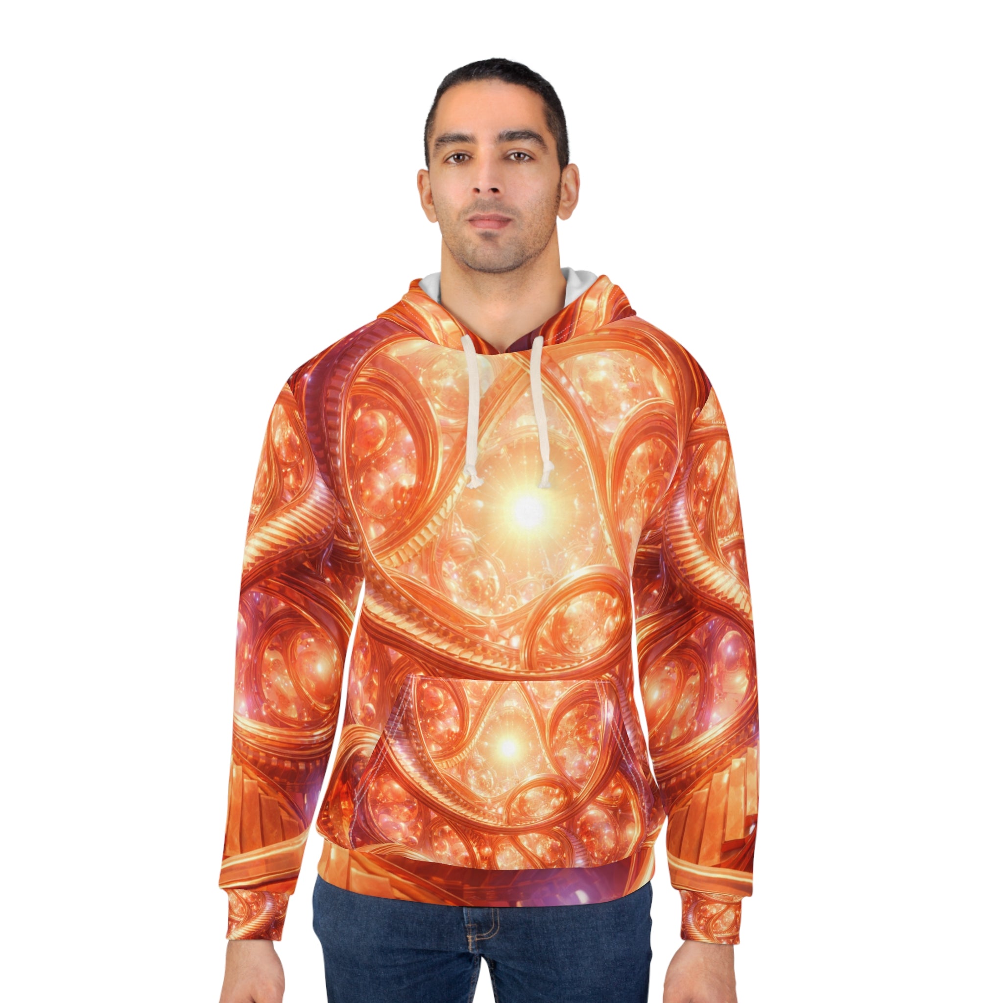 Fractal Sunburst All-Over-Print Hoodie — Vibrant Orange Cosmic Spiral Design