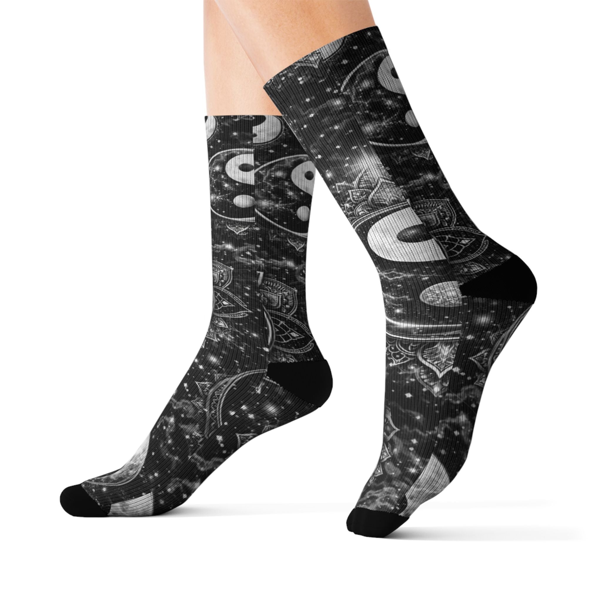 Yin Yang Cosmic Crew Socks — Black & White Sublimation Socks