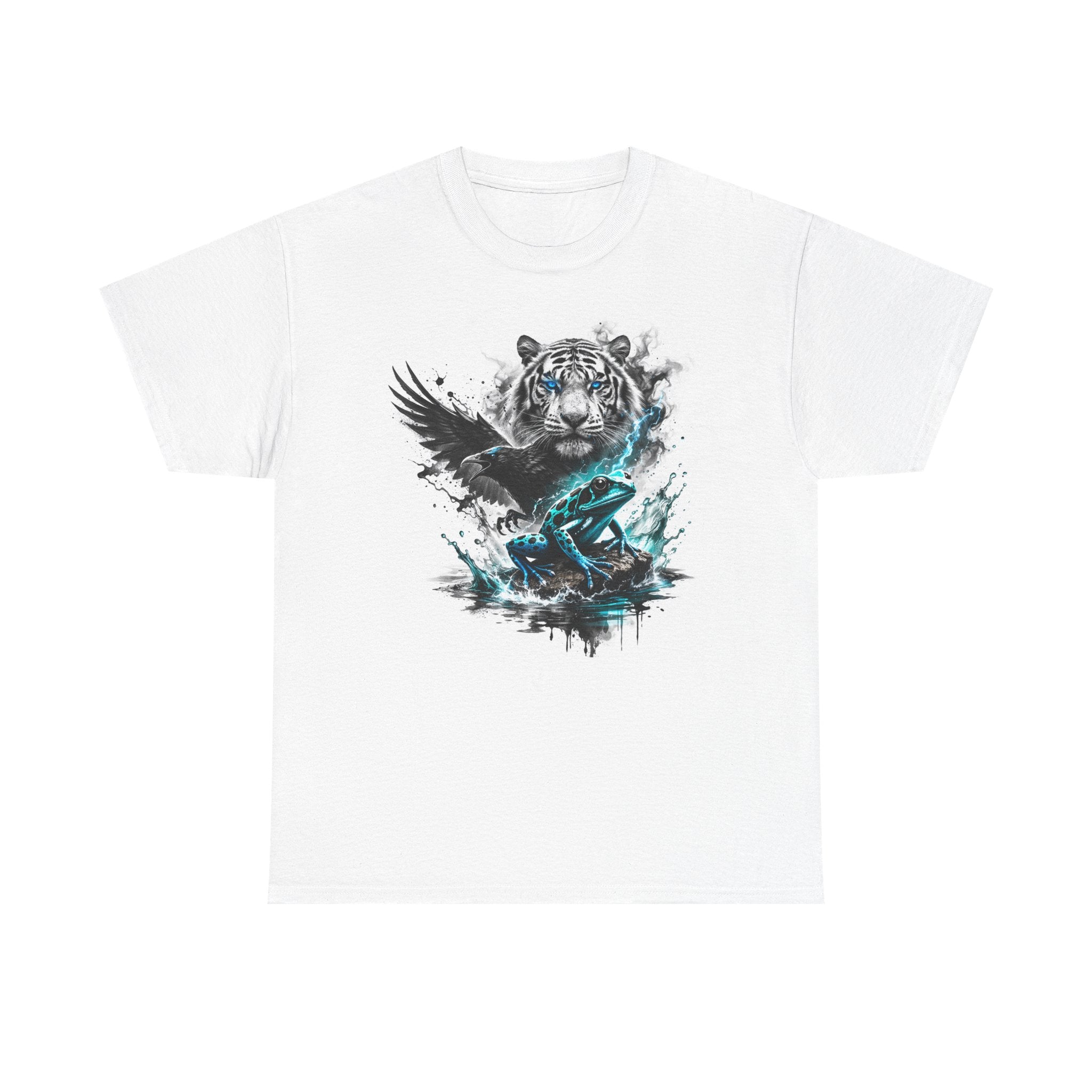 Tiger & Raven Graphic Tee — Blue Splash Wildlife Art T-Shirt