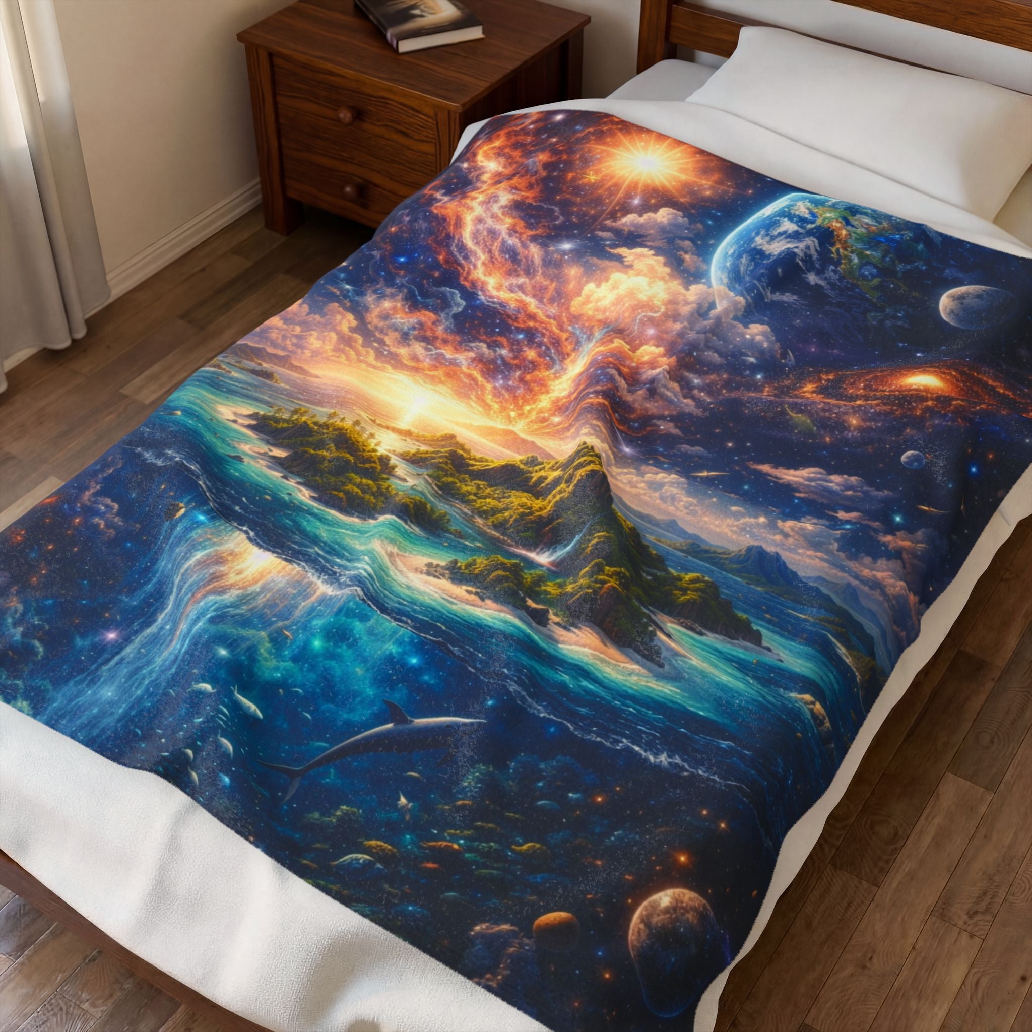 Cosmic Island Velveteen Plush Blanket — Surreal Spacescape Throw for Stargazers & Fantasy Lovers