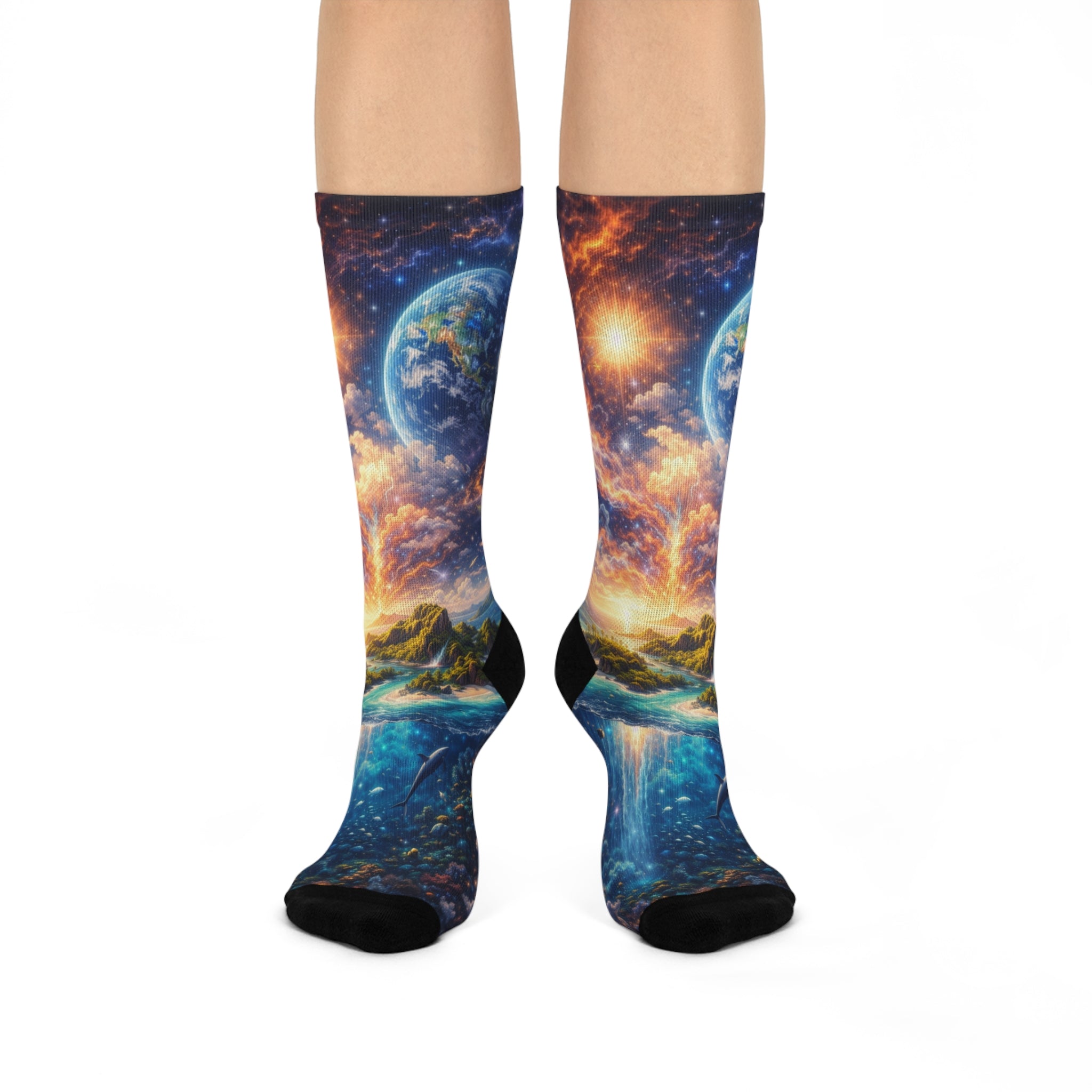 Cosmic Landscape Crew Socks — Planet, Moon & Galaxy Cushioned Socks